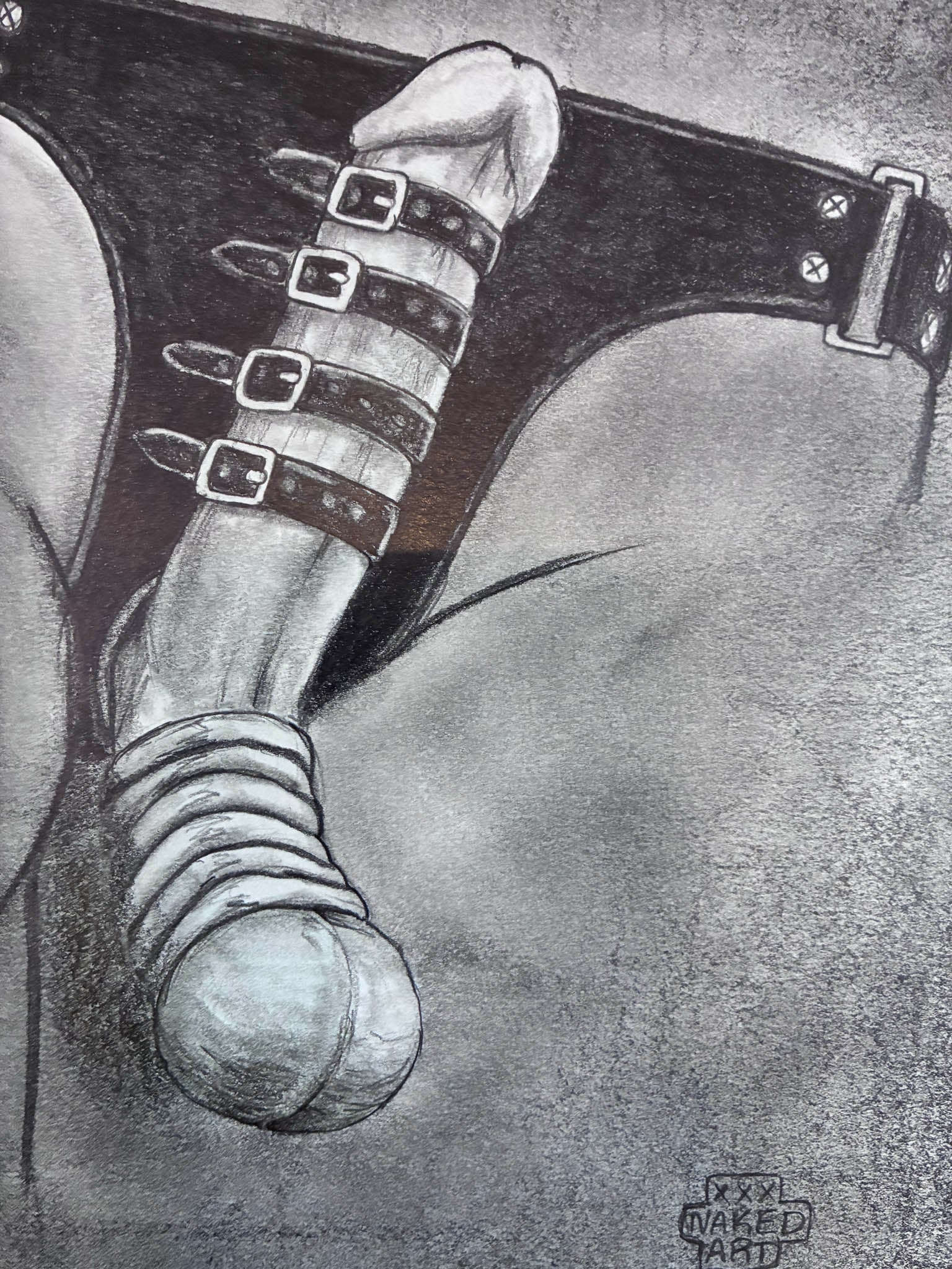 Erotic Male Torso Pencil Drawing – Leather Jockstrap 8x10” - Urban Muse & Sultry Hues