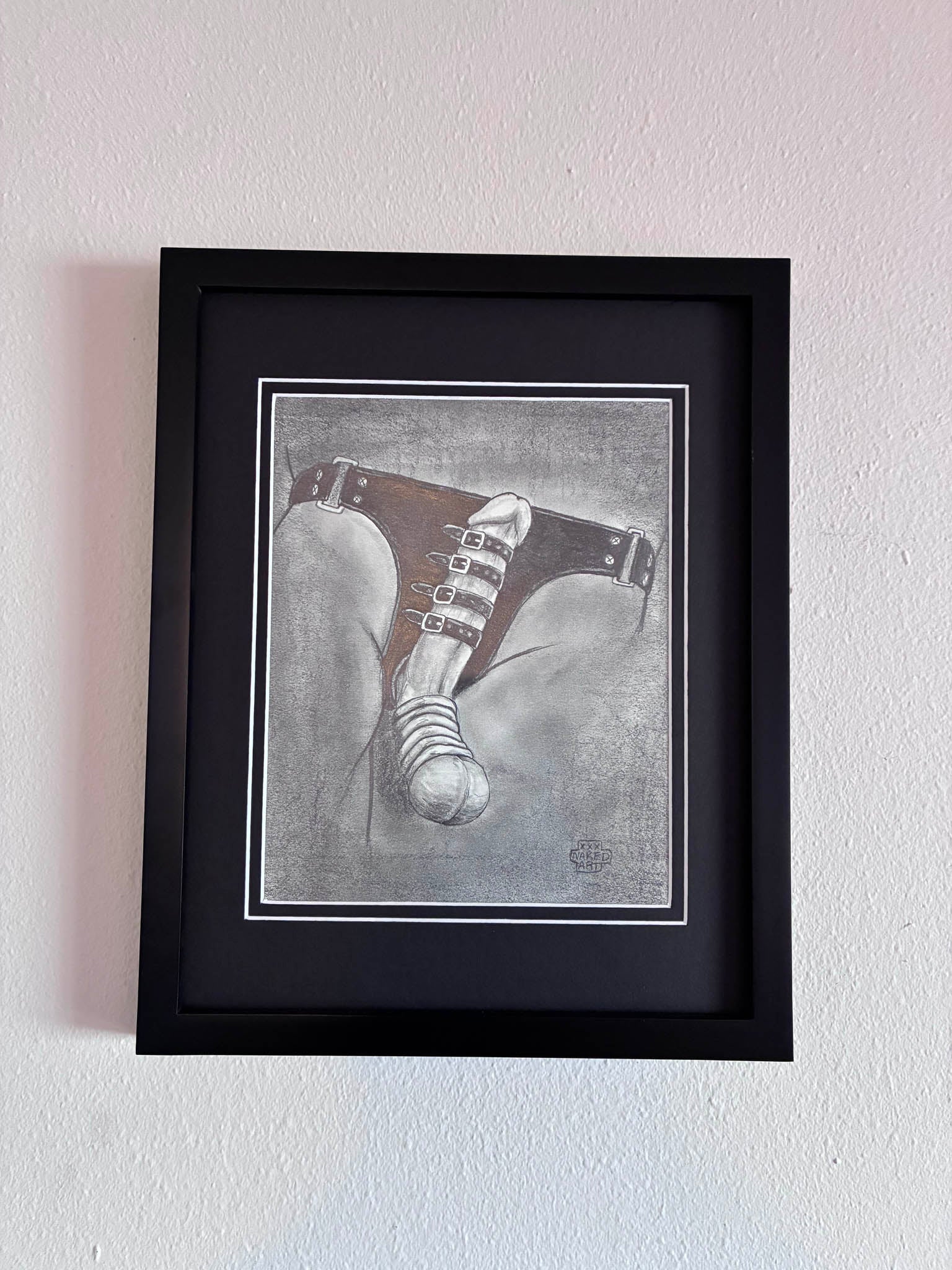Erotic Male Torso Pencil Drawing – Leather Jockstrap 8x10” - Urban Muse & Sultry Hues