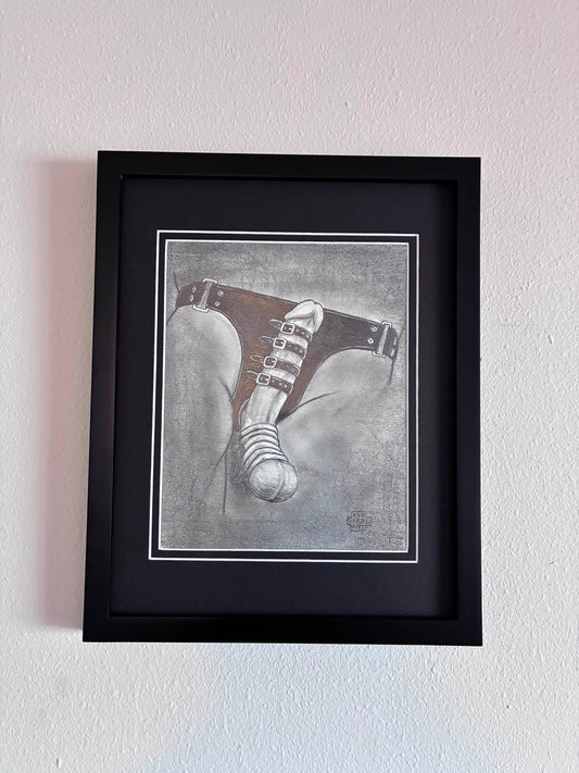Erotic Male Torso Pencil Drawing – Leather Jockstrap 8x10” - Urban Muse & Sultry Hues