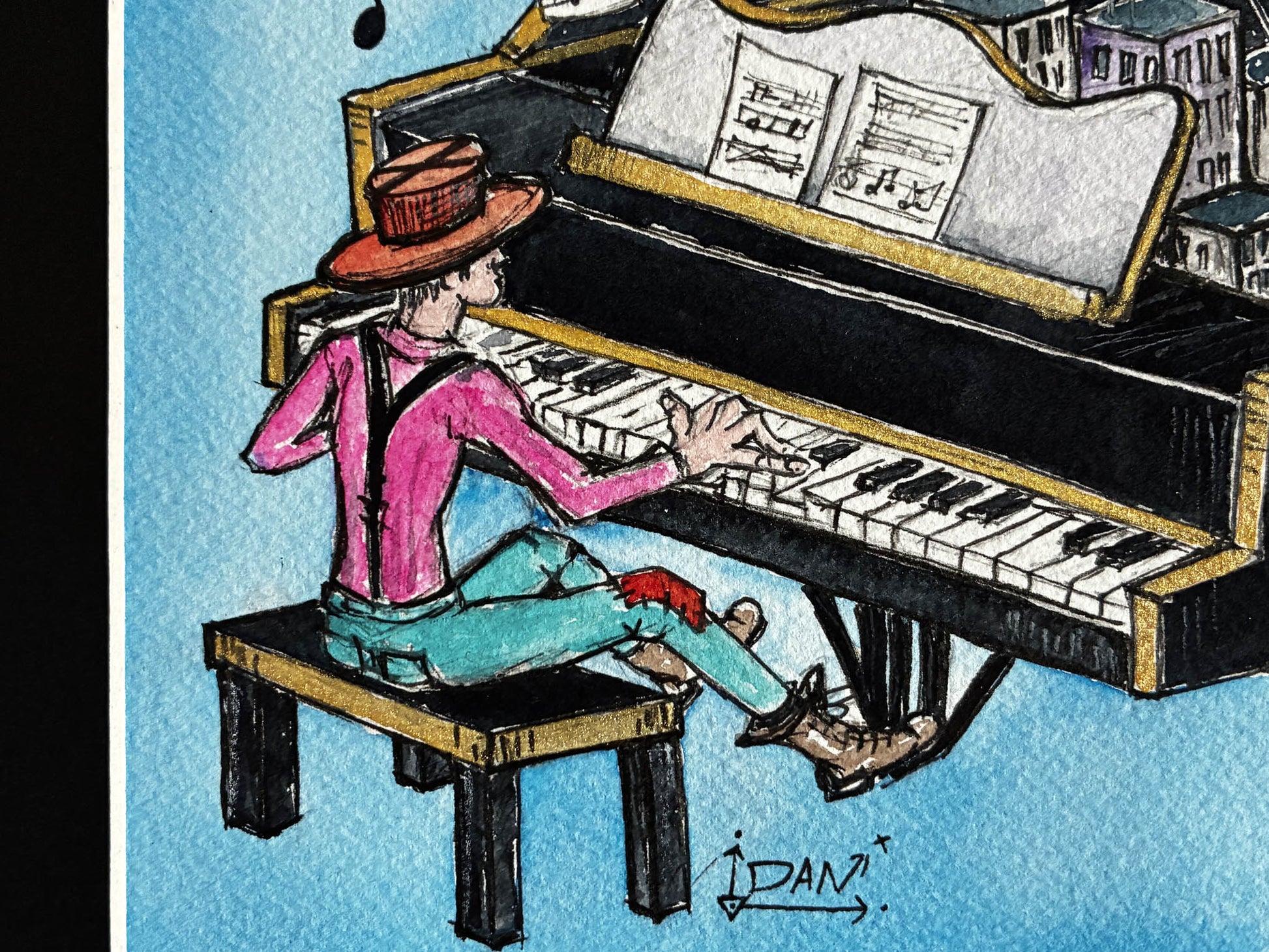 Every City Needs a Musician – Whimsical Piano Watercolor Art - Urban Muse & Sultry Hues