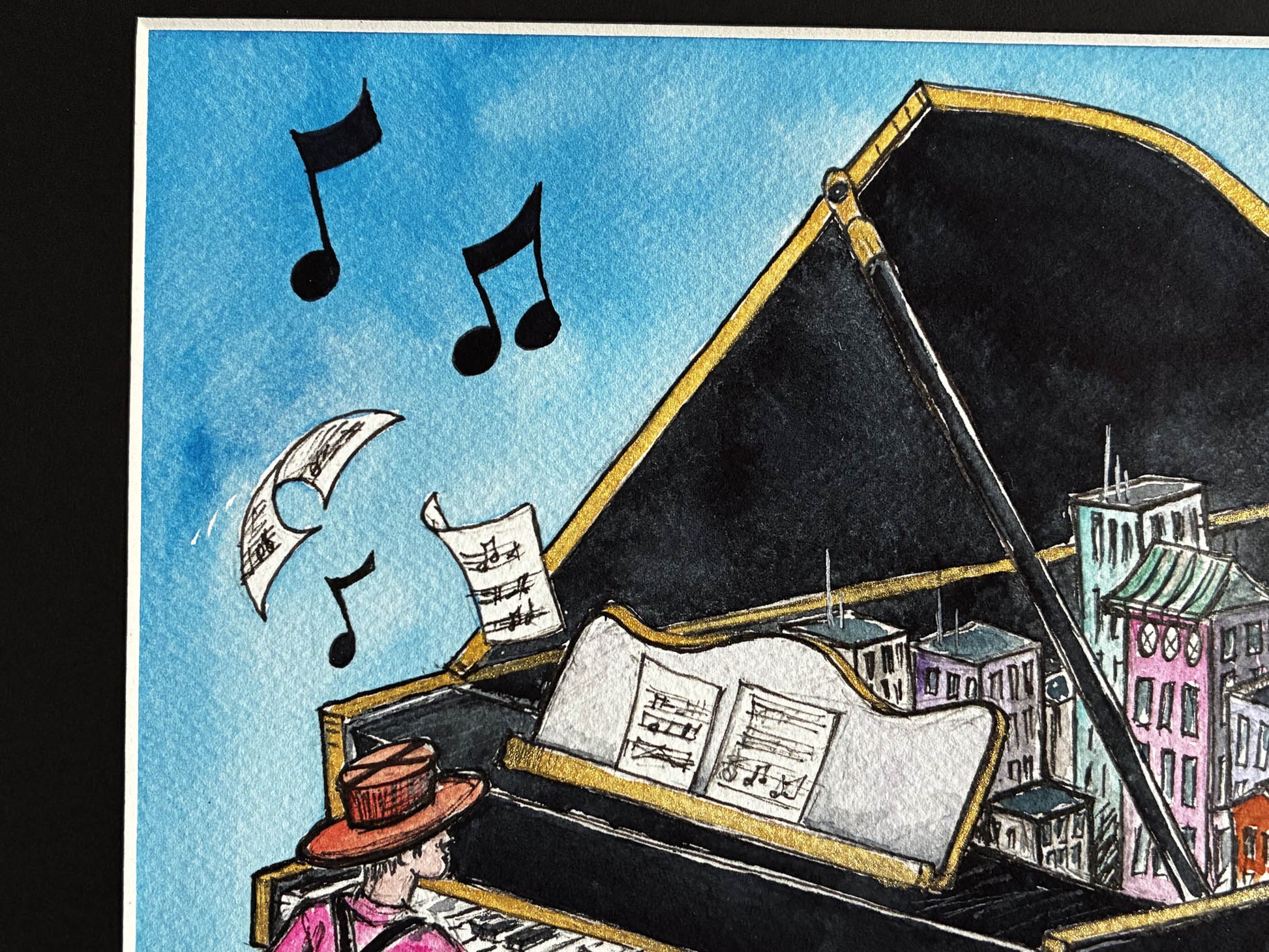 Every City Needs a Musician – Whimsical Piano Watercolor Art - Urban Muse & Sultry Hues