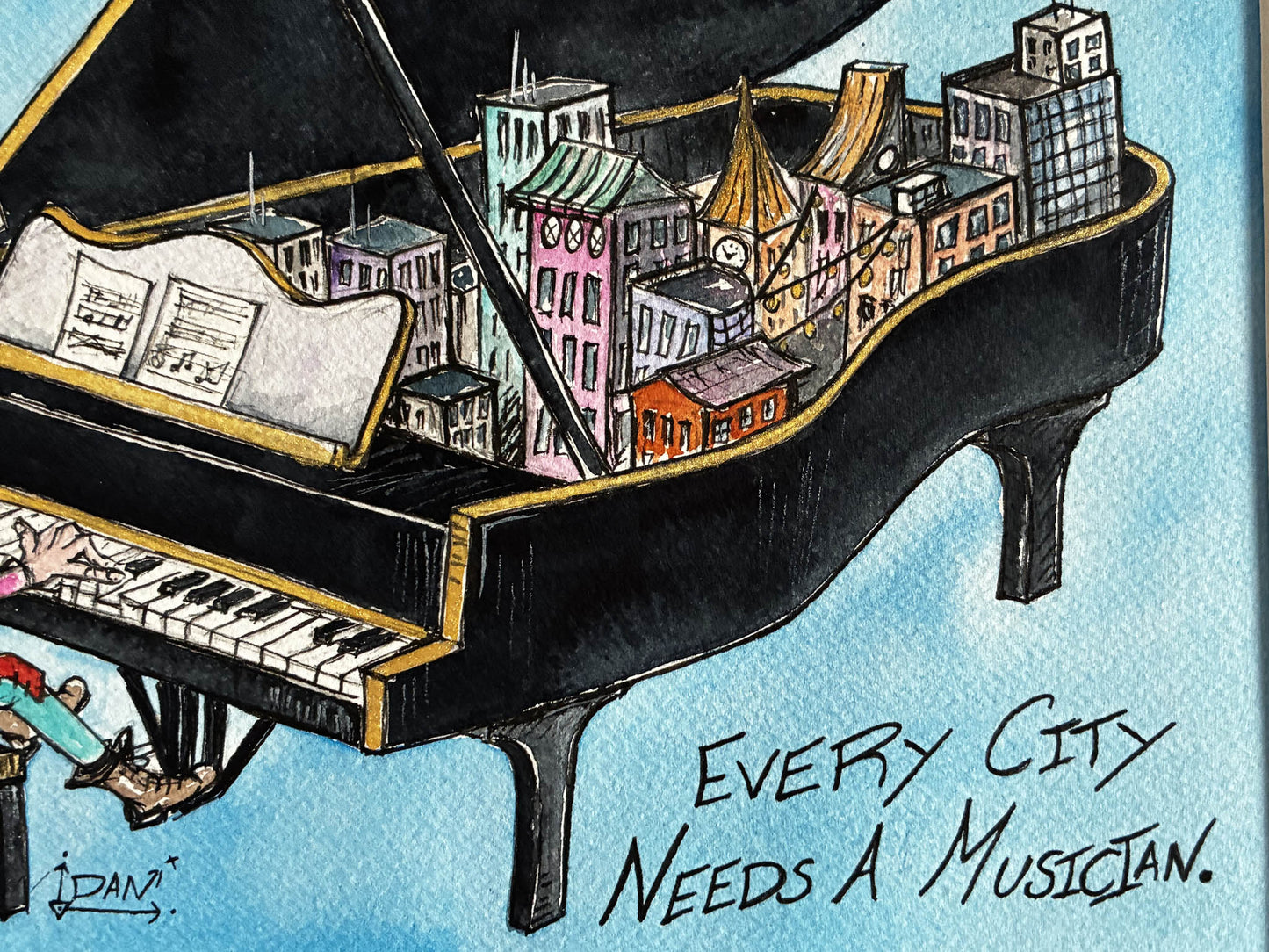 Every City Needs a Musician – Whimsical Piano Watercolor Art - Urban Muse & Sultry Hues
