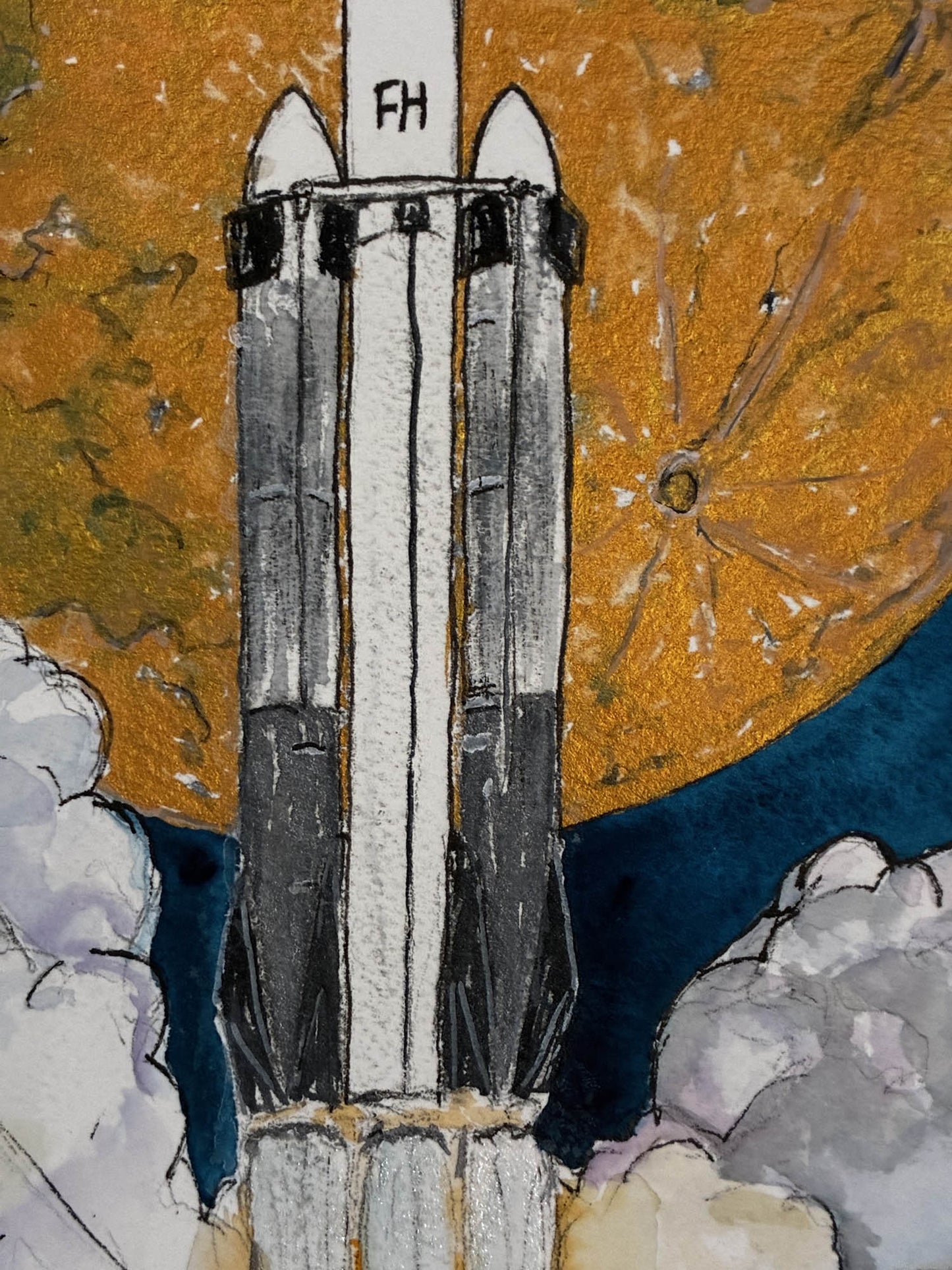 Falcon Heavy NASA Launch with Iridescent Moon Watercolor – 9.5x13.5” - Urban Muse & Sultry Hues