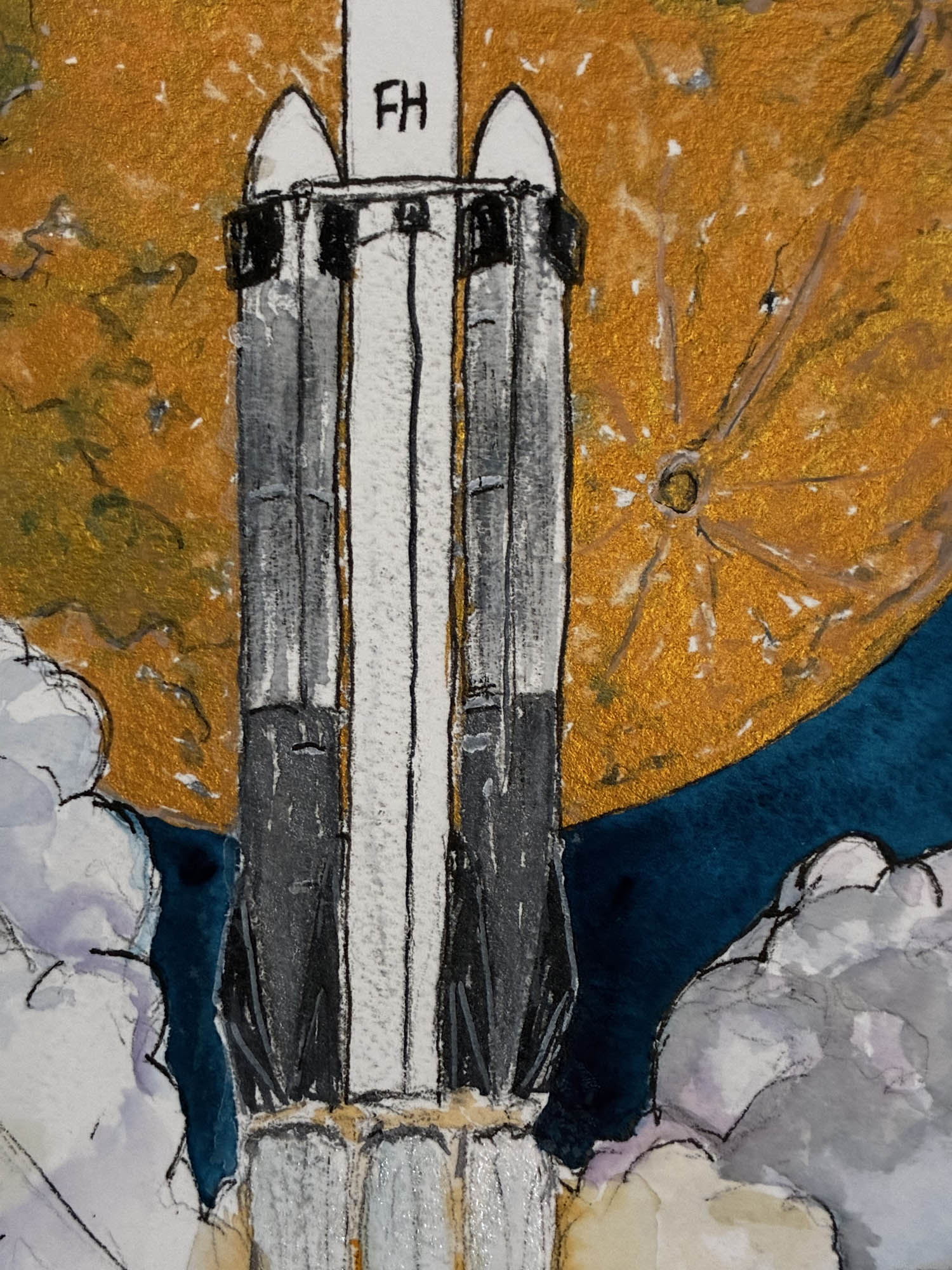 Falcon Heavy NASA Launch with Iridescent Moon Watercolor – 9.5x13.5” - Urban Muse & Sultry Hues