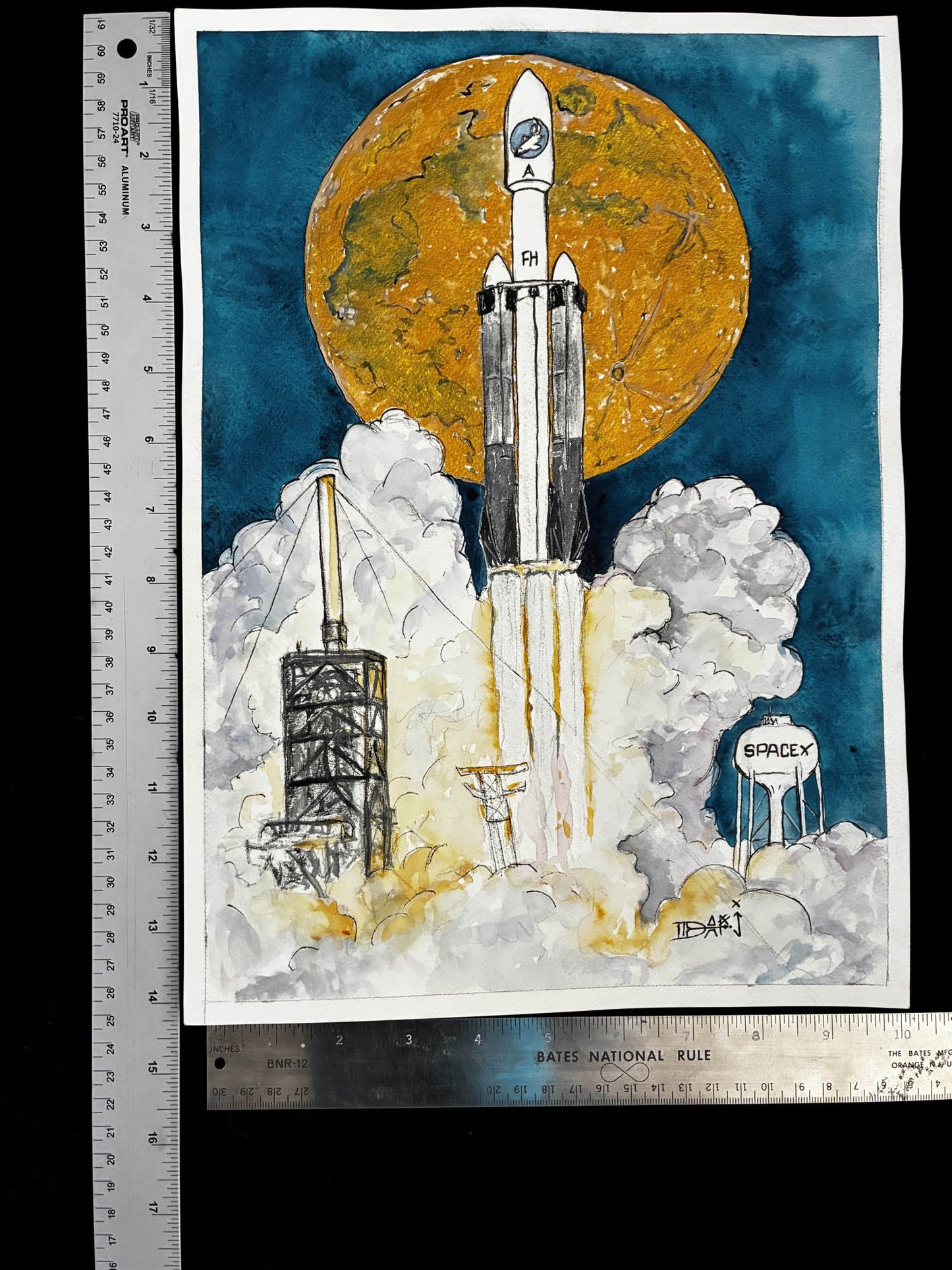 Falcon Heavy NASA Launch with Iridescent Moon Watercolor – 9.5x13.5” - Urban Muse & Sultry Hues