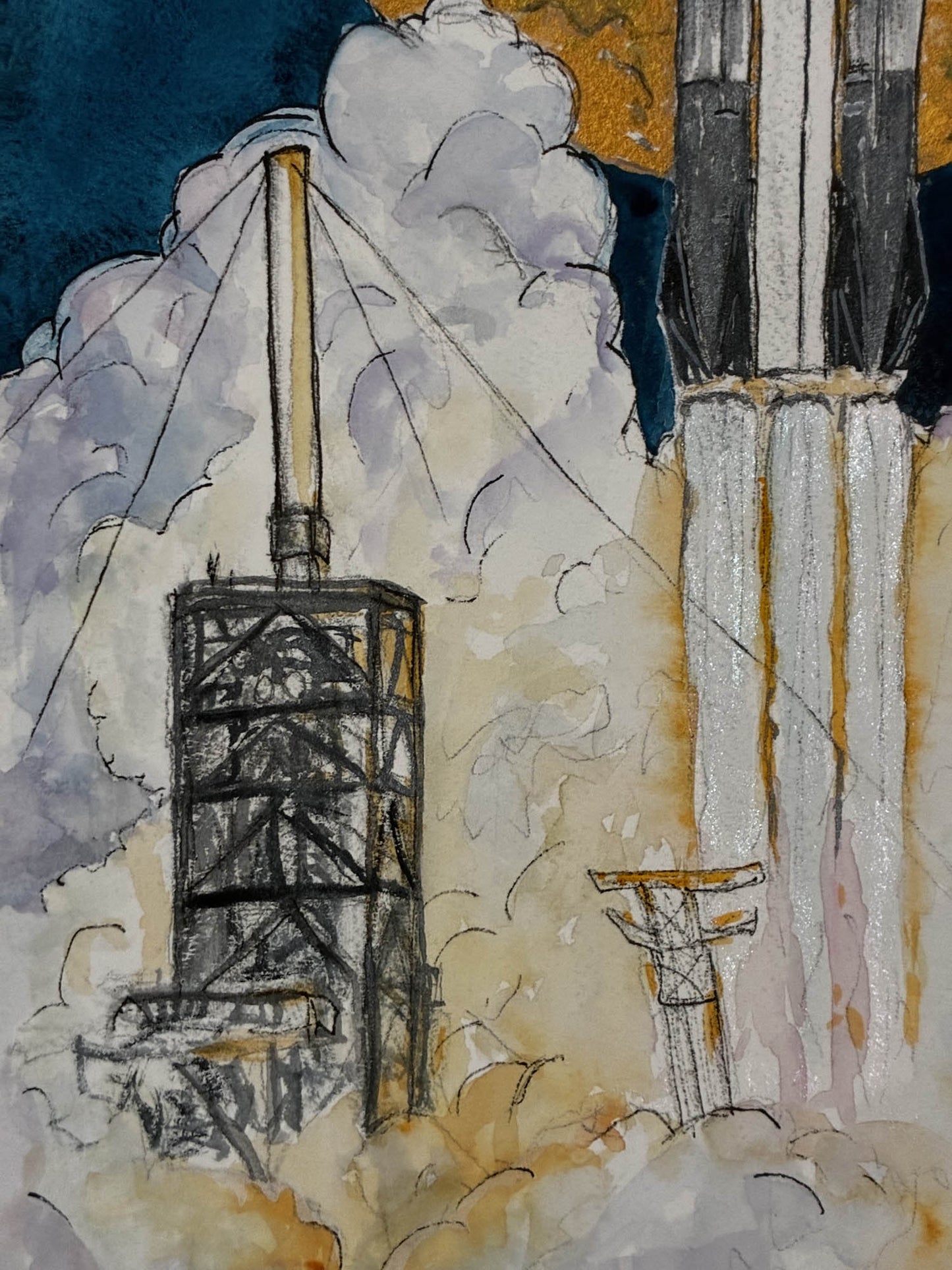 Falcon Heavy NASA Launch with Iridescent Moon Watercolor – 9.5x13.5” - Urban Muse & Sultry Hues