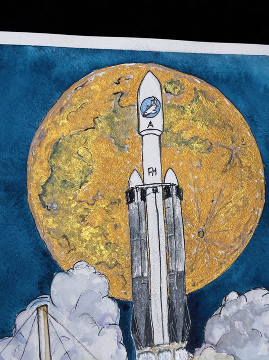 Falcon Heavy NASA Launch with Iridescent Moon Watercolor – 9.5x13.5” - Urban Muse & Sultry Hues