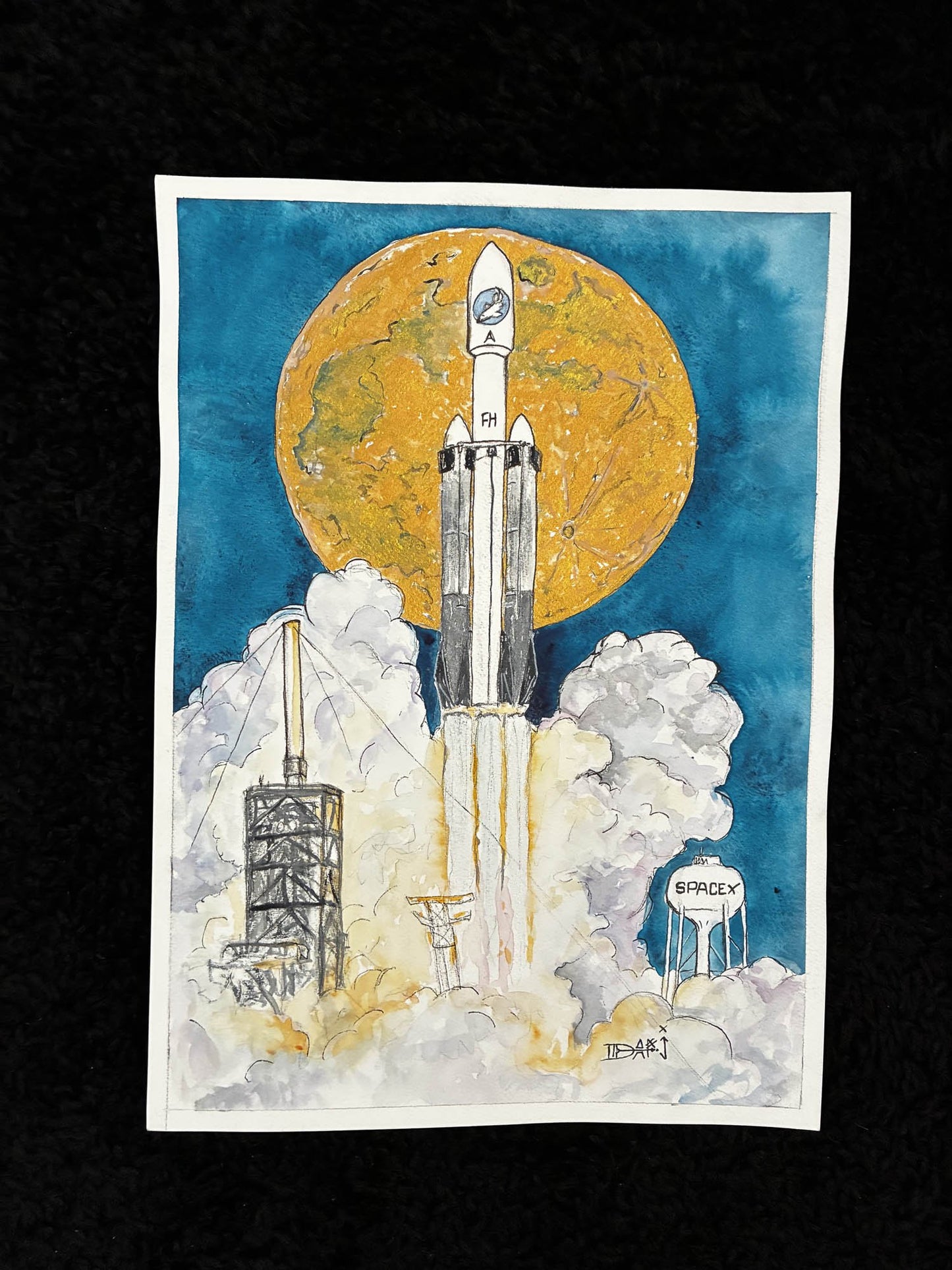 Falcon Heavy NASA Launch with Iridescent Moon Watercolor – 9.5x13.5” - Urban Muse & Sultry Hues