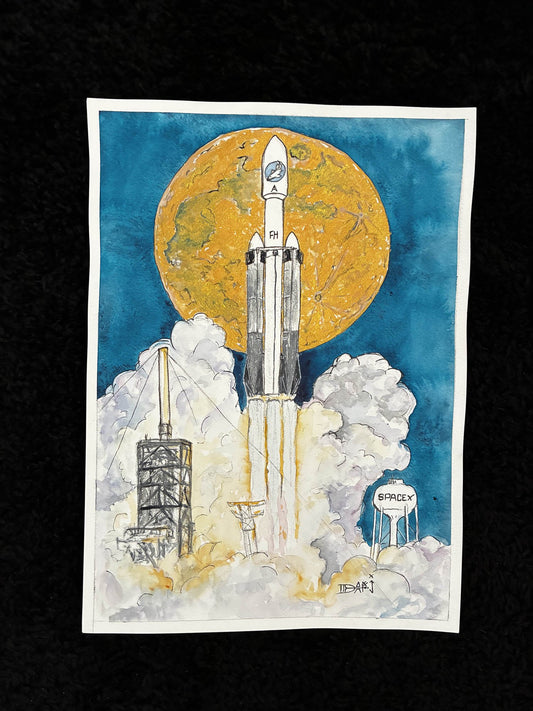 Falcon Heavy NASA Launch with Iridescent Moon Watercolor – 9.5x13.5” - Urban Muse & Sultry Hues