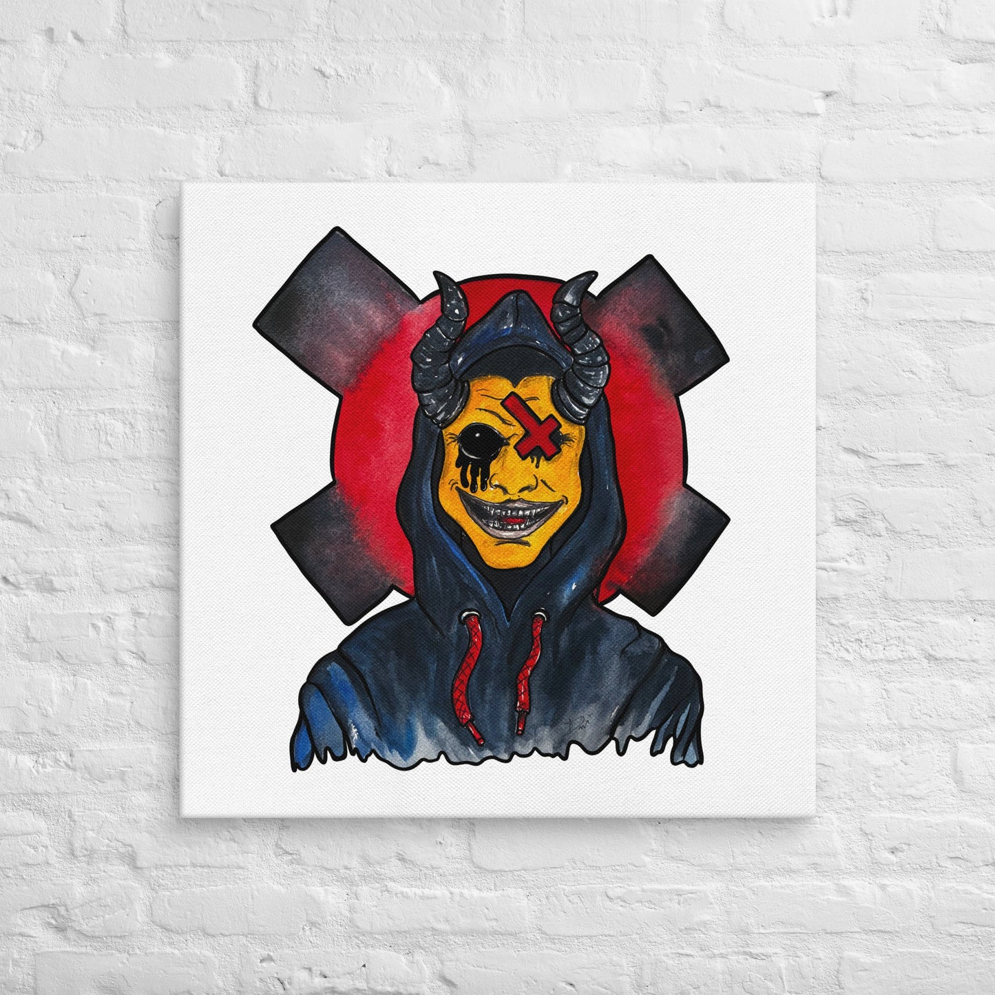 Grinning One - Eyed Demon – Dark Surreal Watercolor Art Canvas - Urban Muse & Sultry Hues