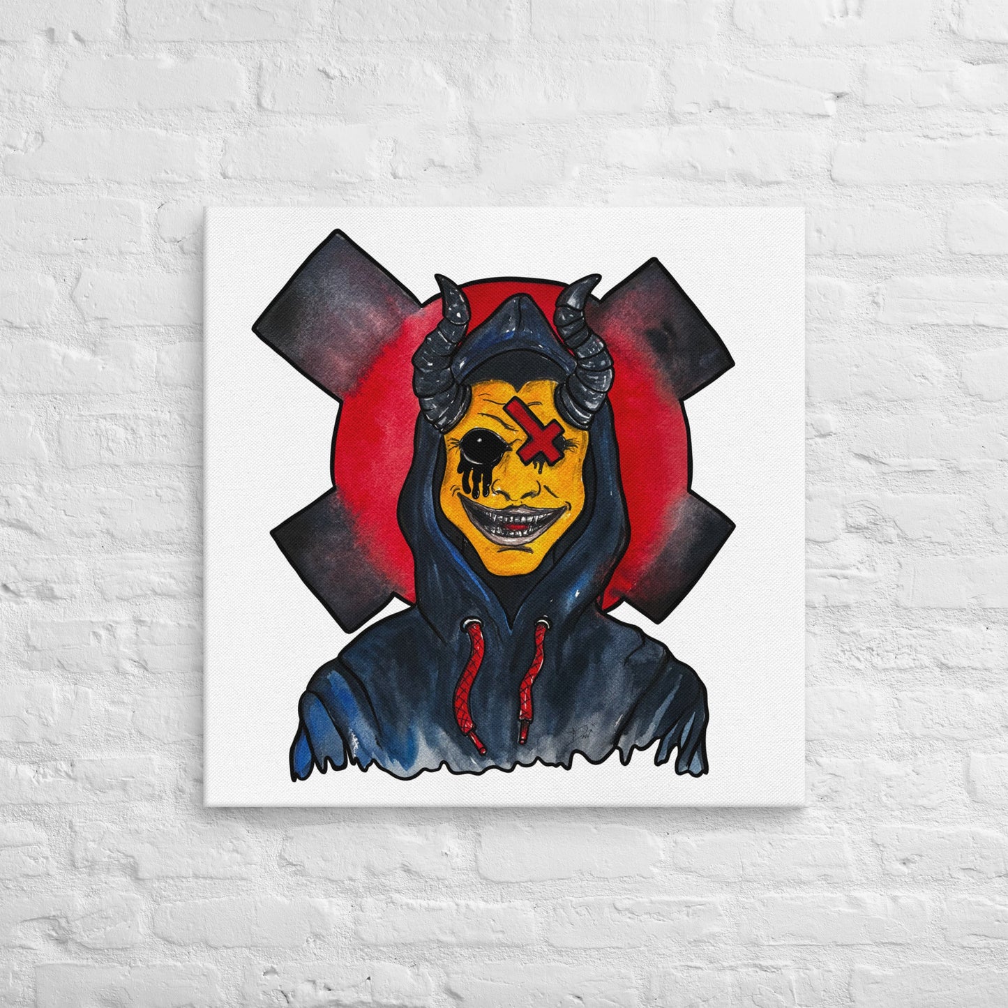 Grinning One - Eyed Demon – Dark Surreal Watercolor Art Canvas - Urban Muse & Sultry Hues