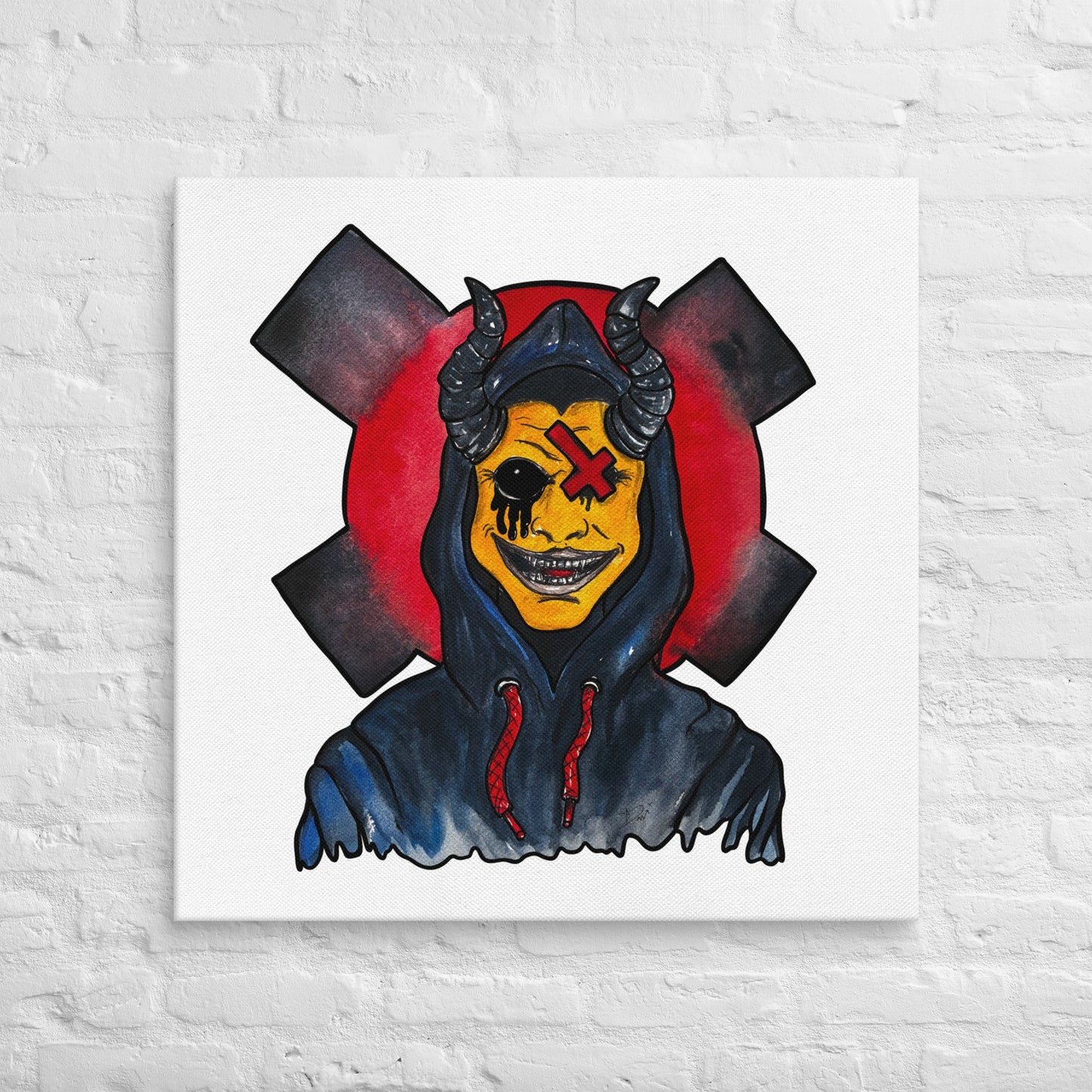 Grinning One-Eyed Demon – Dark Surreal Watercolor Art Canvas - Urban Muse & Sultry Hues