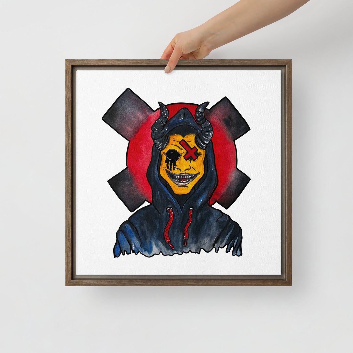 Grinning One - Eyed Demon – Dark Surreal Watercolor Art Framed canvas - Urban Muse & Sultry Hues