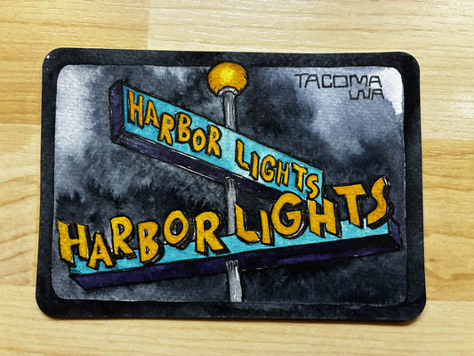 Harbor Lights Tacoma Sign Watercolor – Iconic Puget Sound Vibes – 4x6” - Urban Muse & Sultry Hues