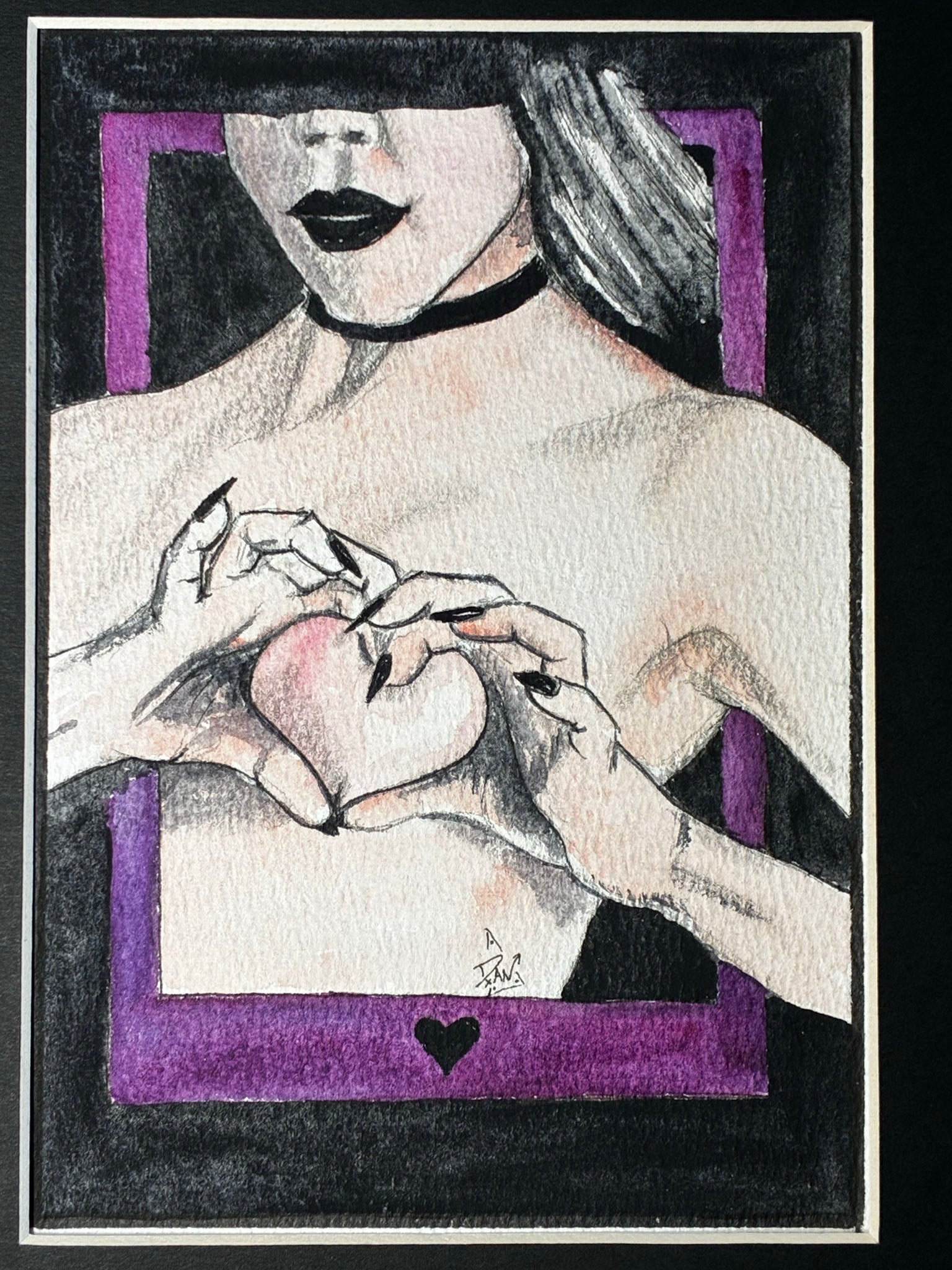 Heart Frame: Sensual Watercolor Woman with Purple Heart (5x7) - Urban Muse & Sultry Hues