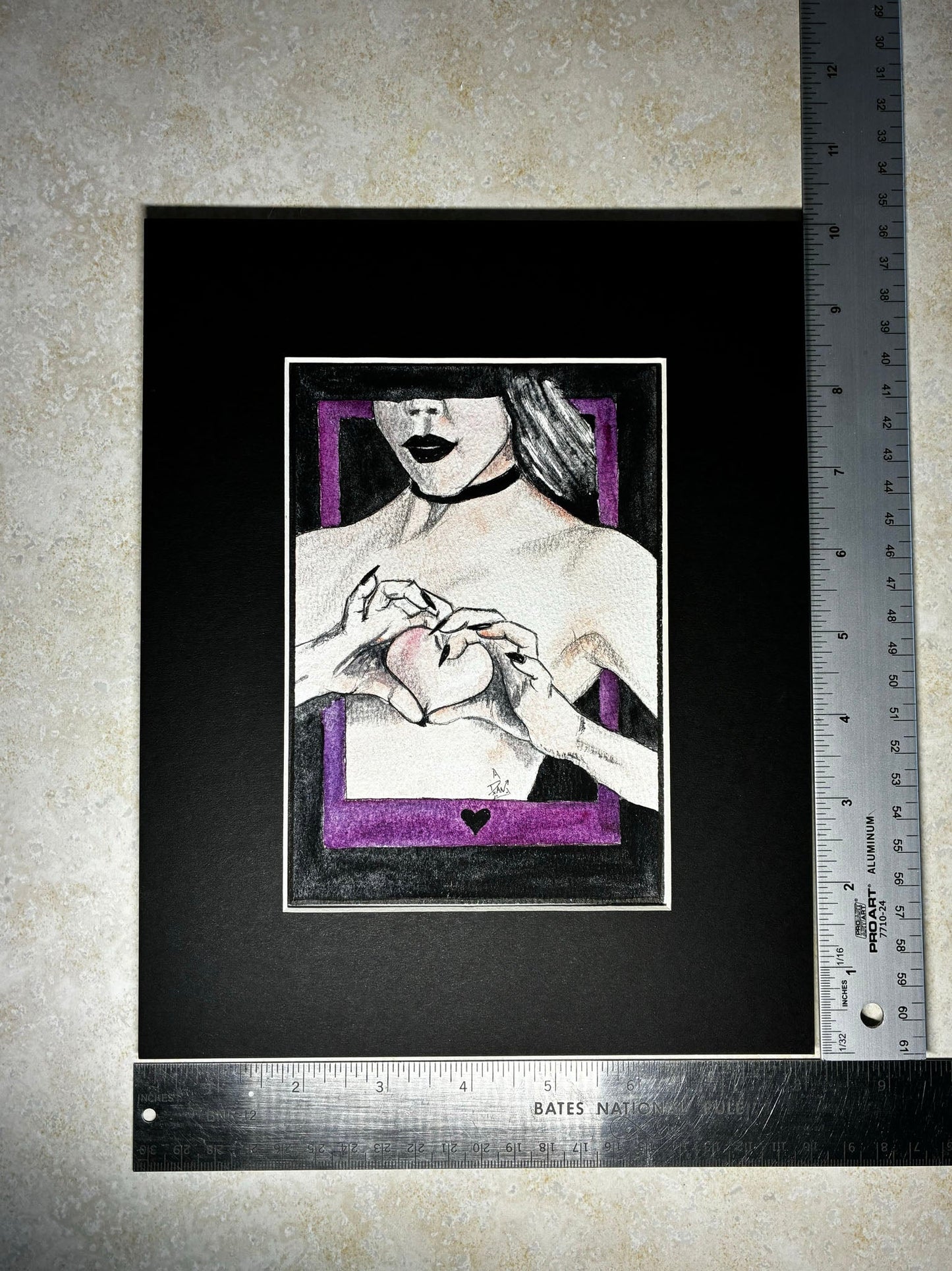 Heart Frame: Sensual Watercolor Woman with Purple Heart (5x7) - Urban Muse & Sultry Hues