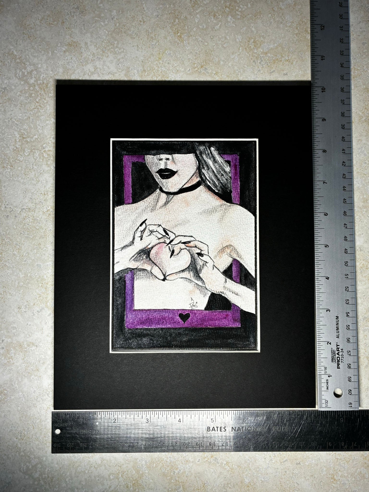 Heart Frame: Sensual Watercolor Woman with Purple Heart (5x7) - Urban Muse & Sultry Hues