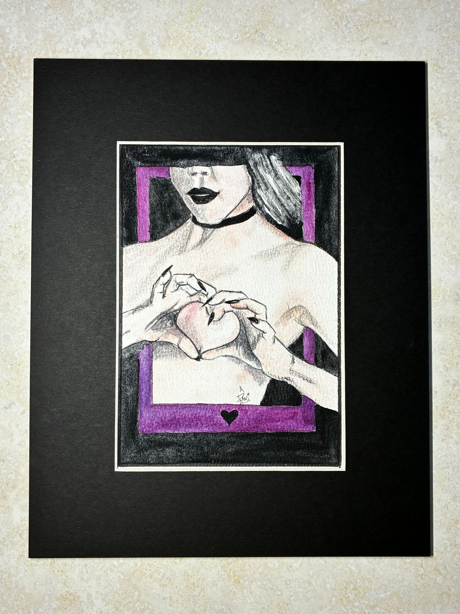 Heart Frame: Sensual Watercolor Woman with Purple Heart (5x7) - Urban Muse & Sultry Hues
