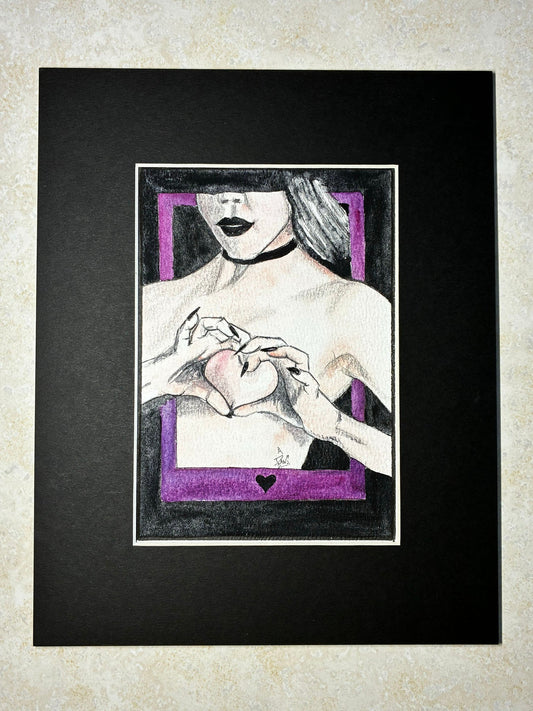Heart Frame: Sensual Watercolor Woman with Purple Heart (5x7) - Urban Muse & Sultry Hues
