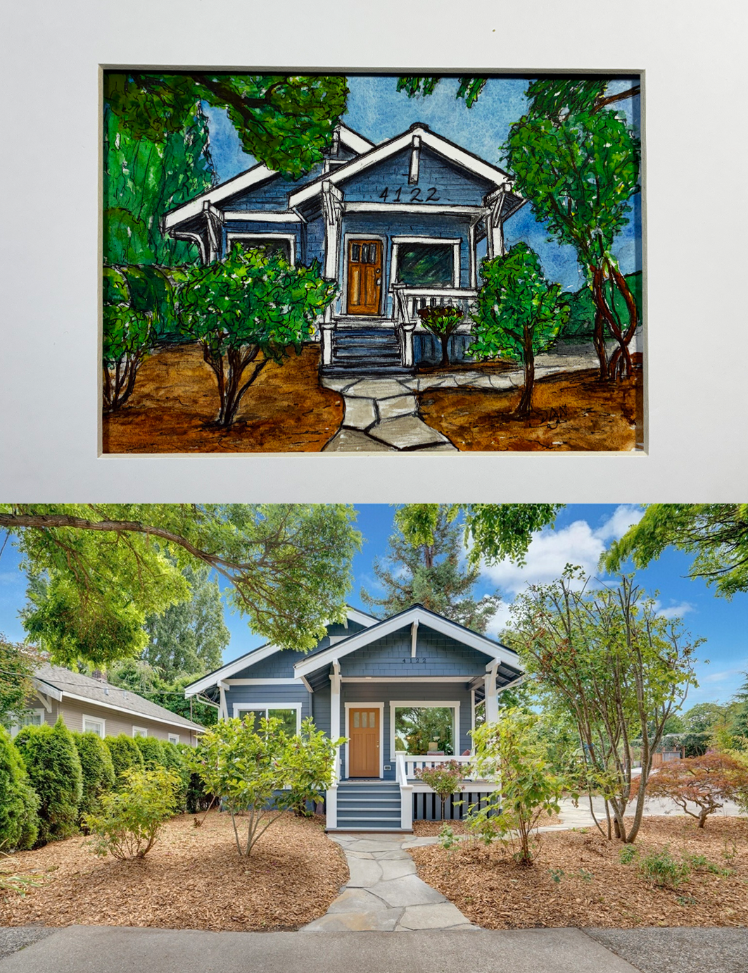 Small house with blue exterior and brown door, surrounded by greenery.