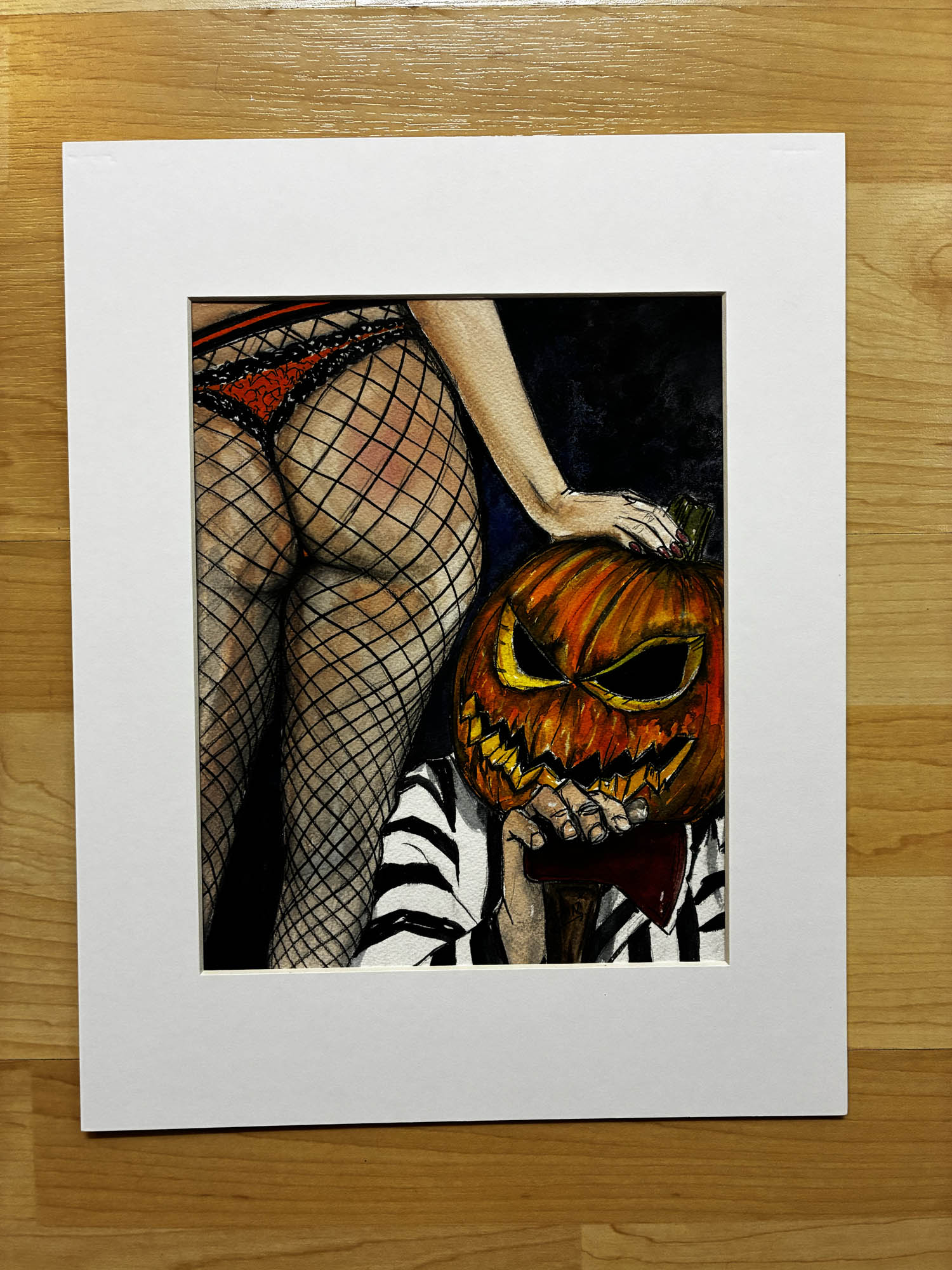 Jack-O-Lantern Pinup Booty – Playful Halloween Watercolor – 8x10” - Urban Muse & Sultry Hues