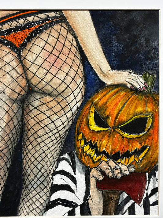 Jack-O-Lantern Pinup Booty – Playful Halloween Watercolor – 8x10” - Urban Muse & Sultry Hues