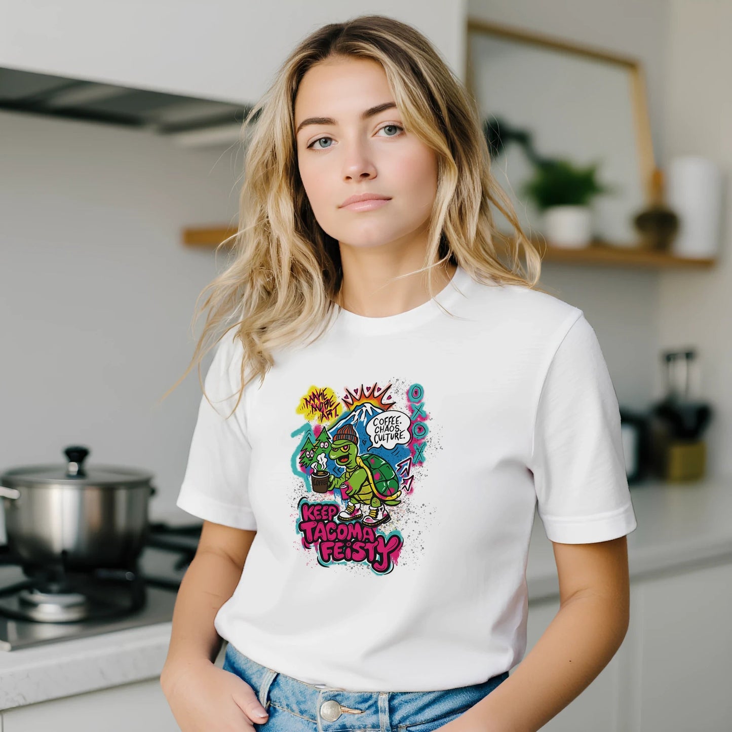 Keep Tacoma Feisty Turtle Tee – Coffee Chaos Culture – Unisex Bella+Canvas 3001 - Urban Muse & Sultry Hues
