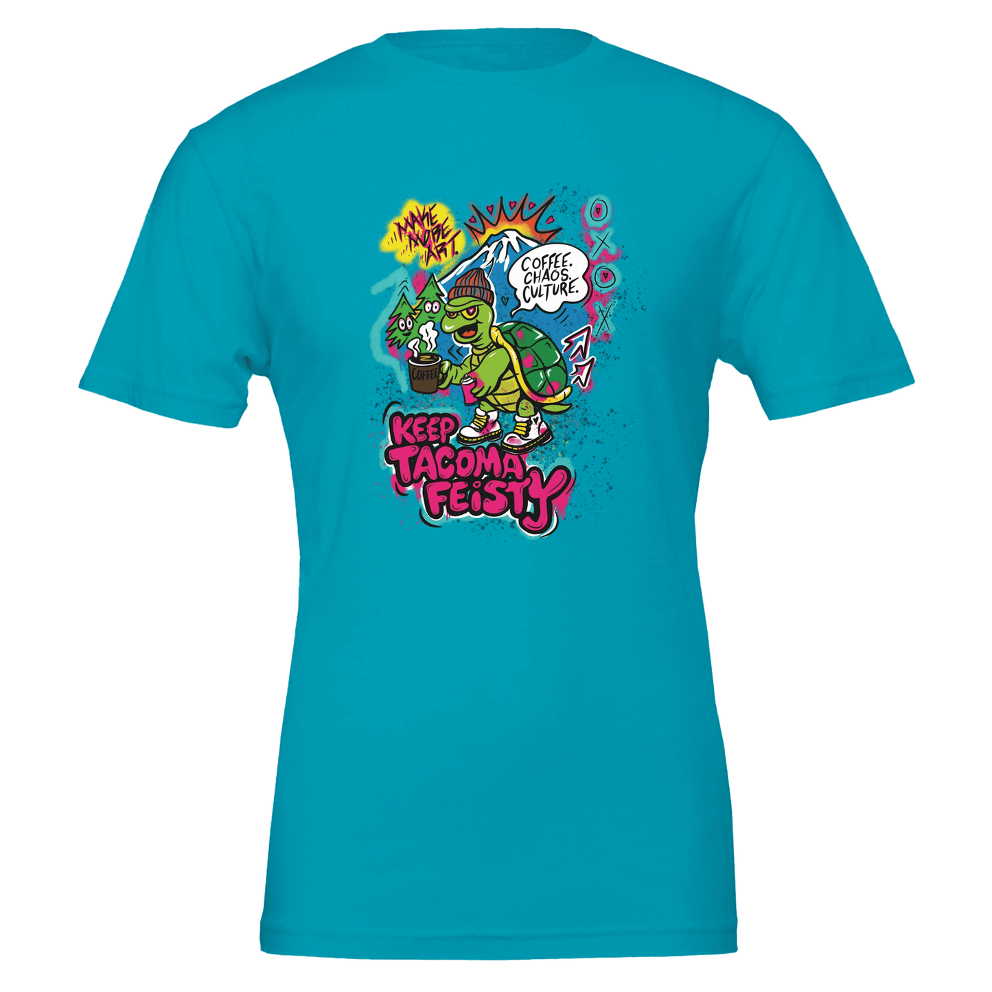 Keep Tacoma Feisty Turtle Tee – Coffee Chaos Culture – Unisex Bella+Canvas 3001 - Urban Muse & Sultry Hues