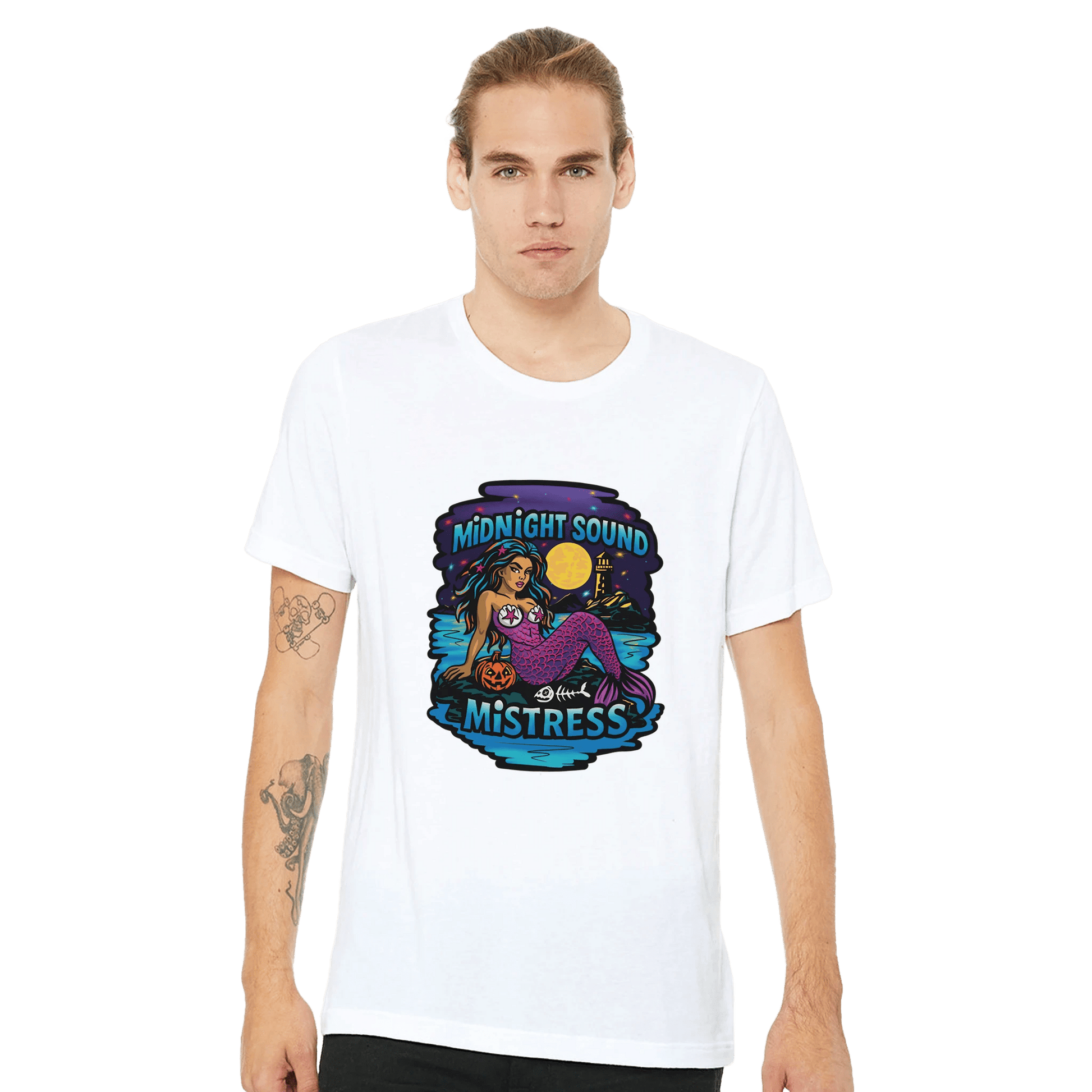 Midnight Sound Mistress Mermaid Tee – Spooky Siren & Lighthouse – Unisex Bella+Canvas 3001 - Urban Muse & Sultry Hues