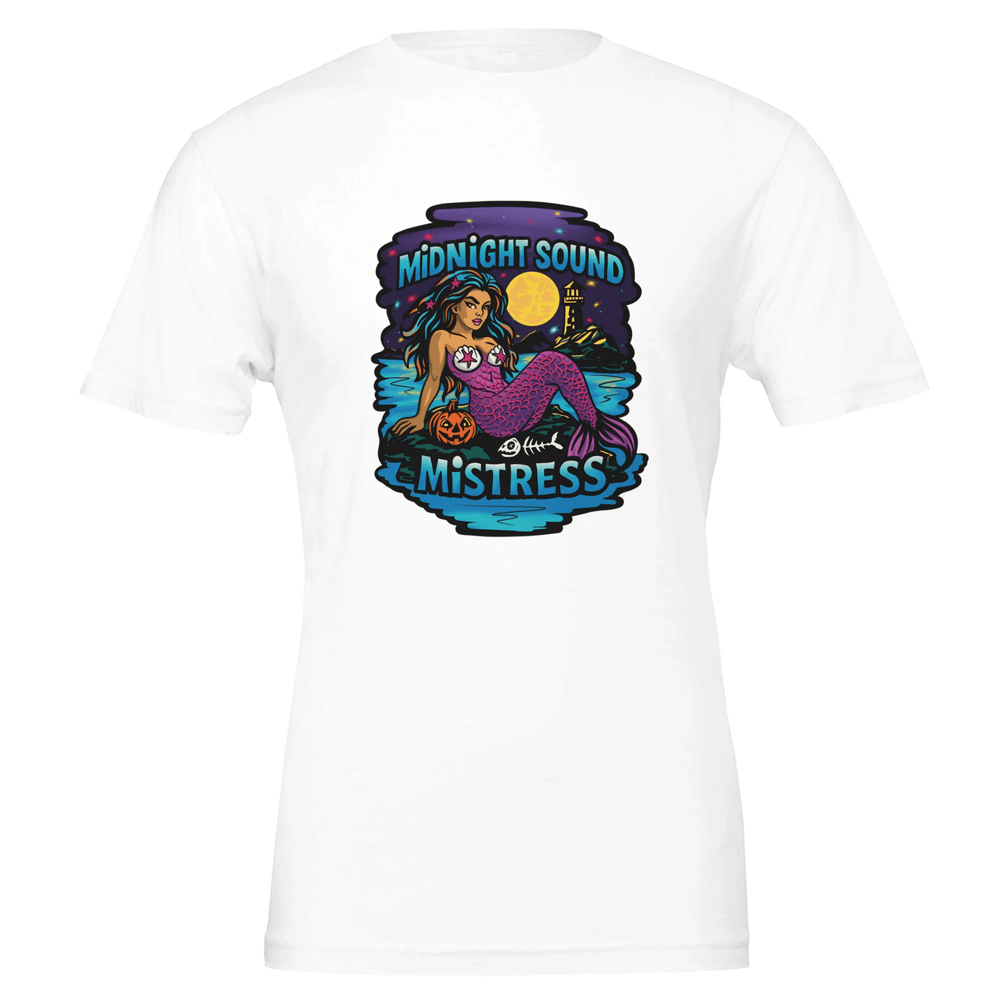 Midnight Sound Mistress Mermaid Tee – Spooky Siren & Lighthouse – Unisex Bella+Canvas 3001 - Urban Muse & Sultry Hues