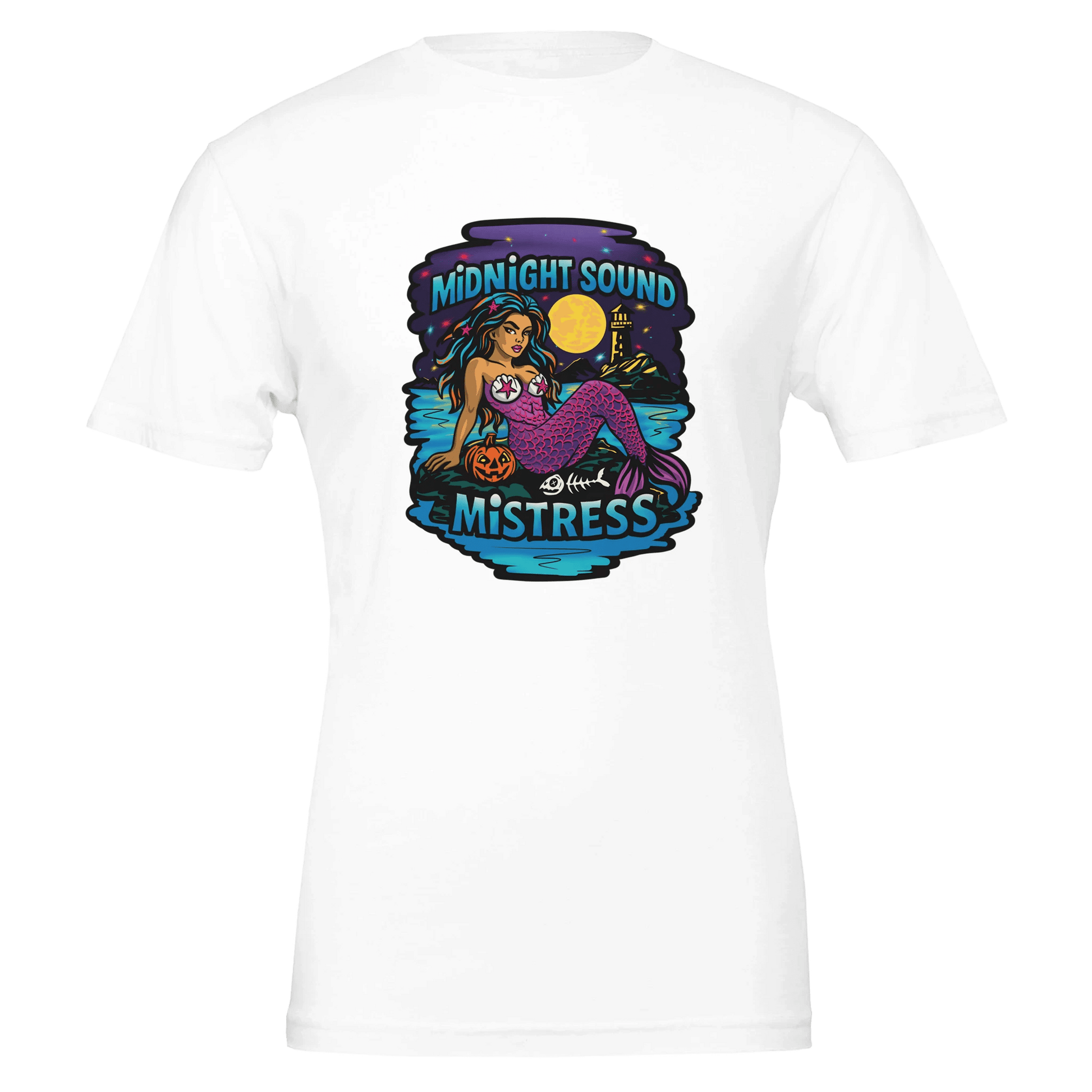 Midnight Sound Mistress Mermaid Tee – Spooky Siren & Lighthouse – Unisex Bella+Canvas 3001 - Urban Muse & Sultry Hues