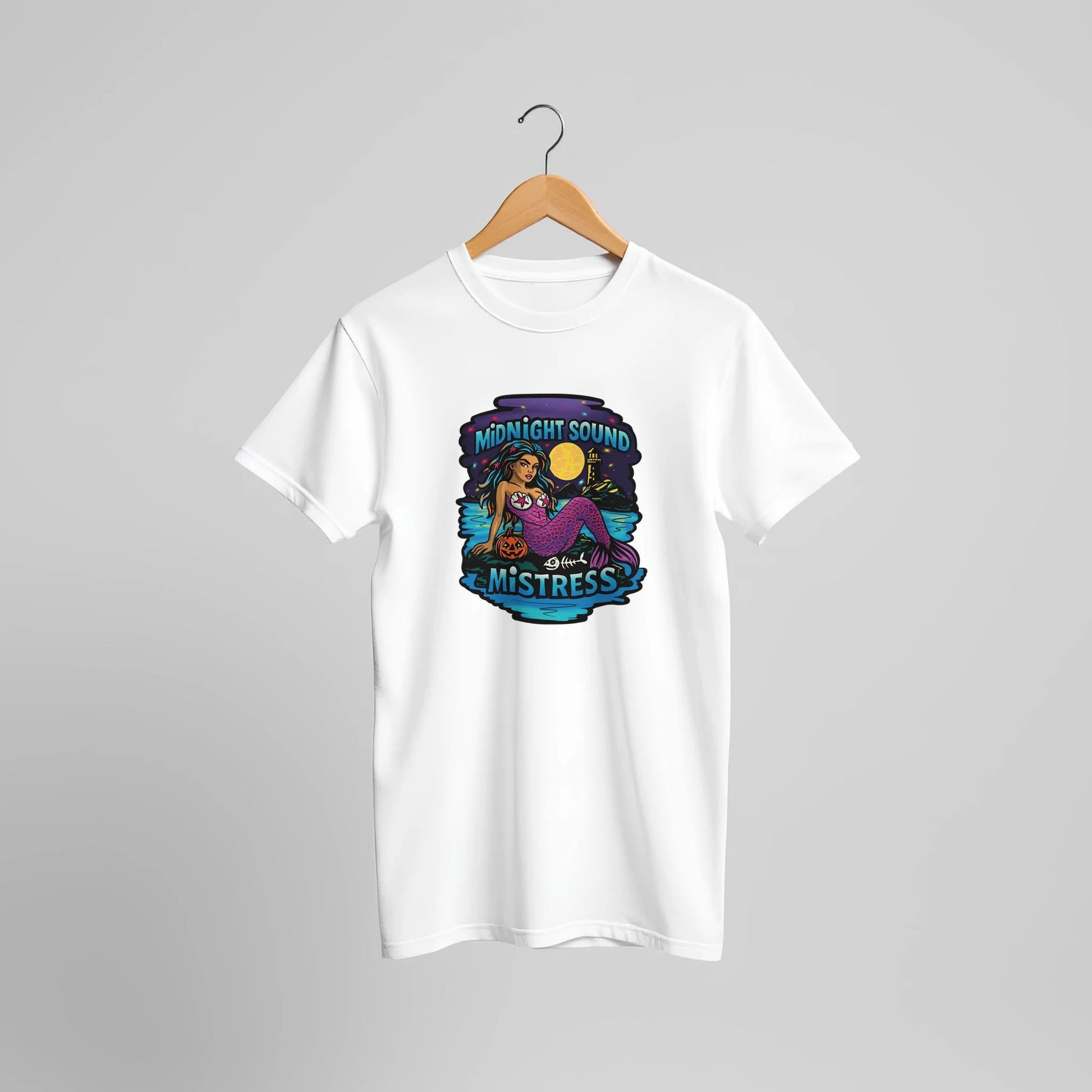 Midnight Sound Mistress Mermaid Tee – Spooky Siren & Lighthouse – Unisex Bella+Canvas 3001 - Urban Muse & Sultry Hues