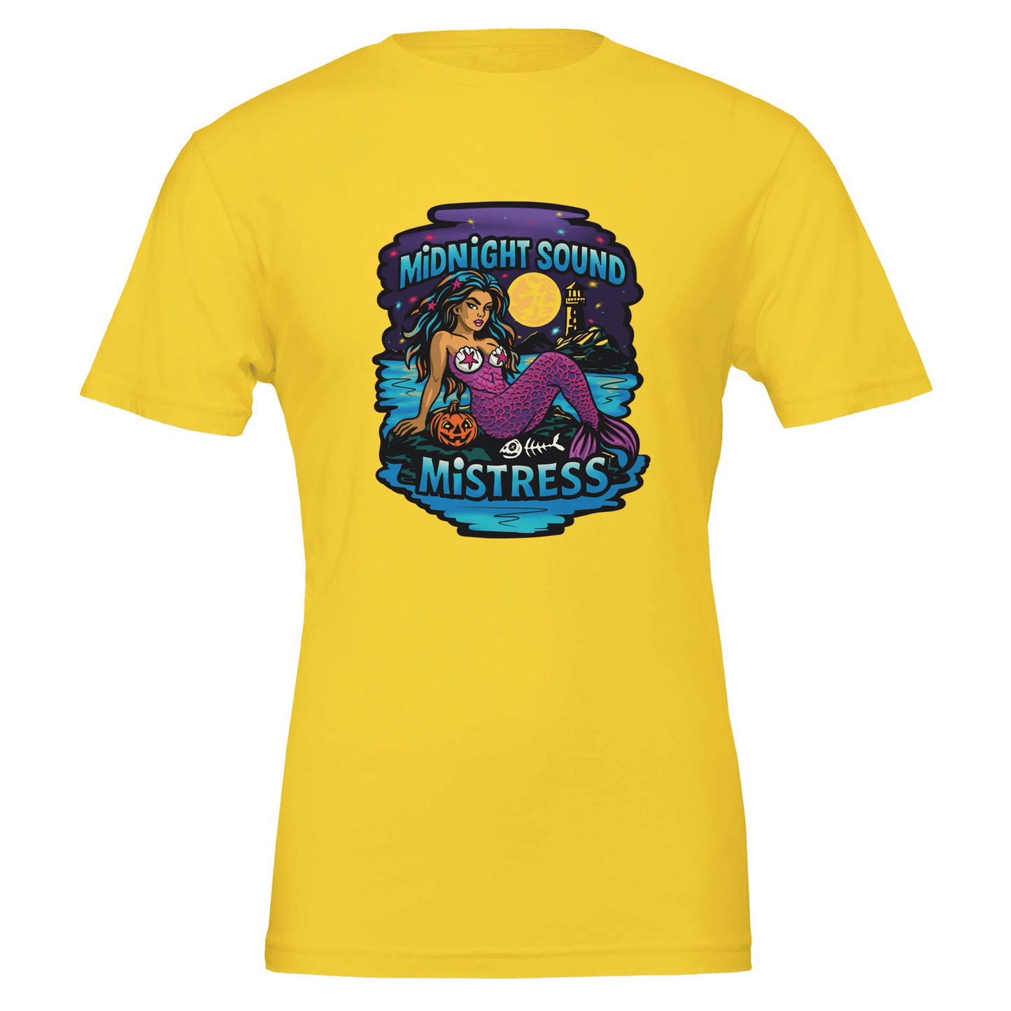 Midnight Sound Mistress Mermaid Tee – Spooky Siren & Lighthouse – Unisex Bella+Canvas 3001 - Urban Muse & Sultry Hues