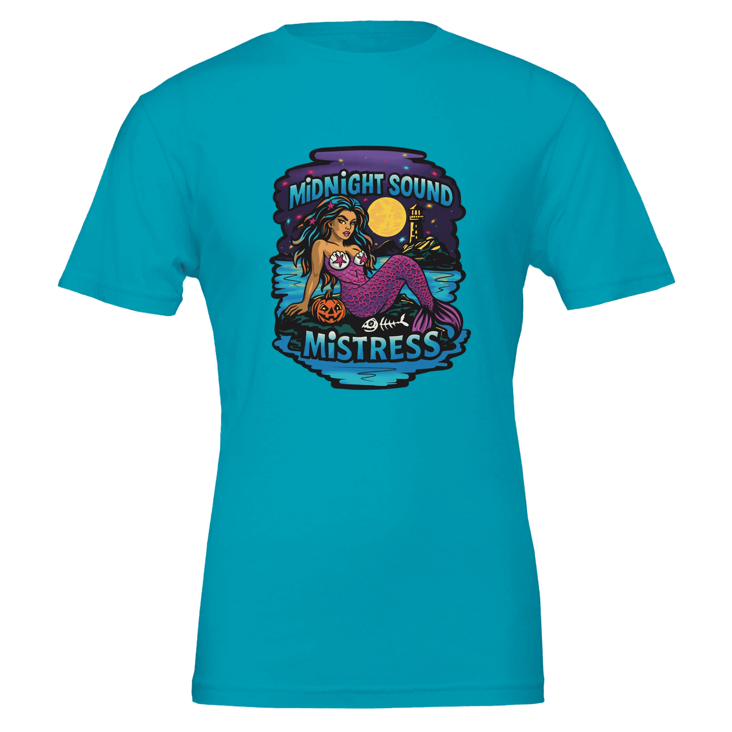 Midnight Sound Mistress Mermaid Tee – Spooky Siren & Lighthouse – Unisex Bella+Canvas 3001 - Urban Muse & Sultry Hues
