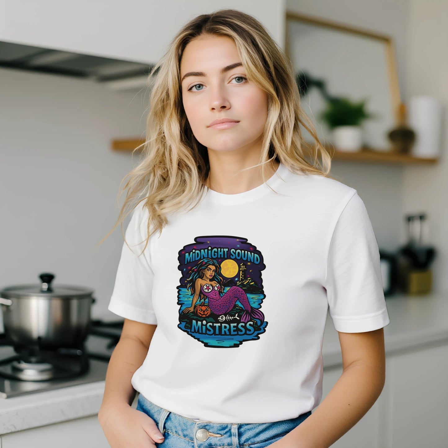 Midnight Sound Mistress Mermaid Tee – Spooky Siren & Lighthouse – Unisex Bella+Canvas 3001 - Urban Muse & Sultry Hues