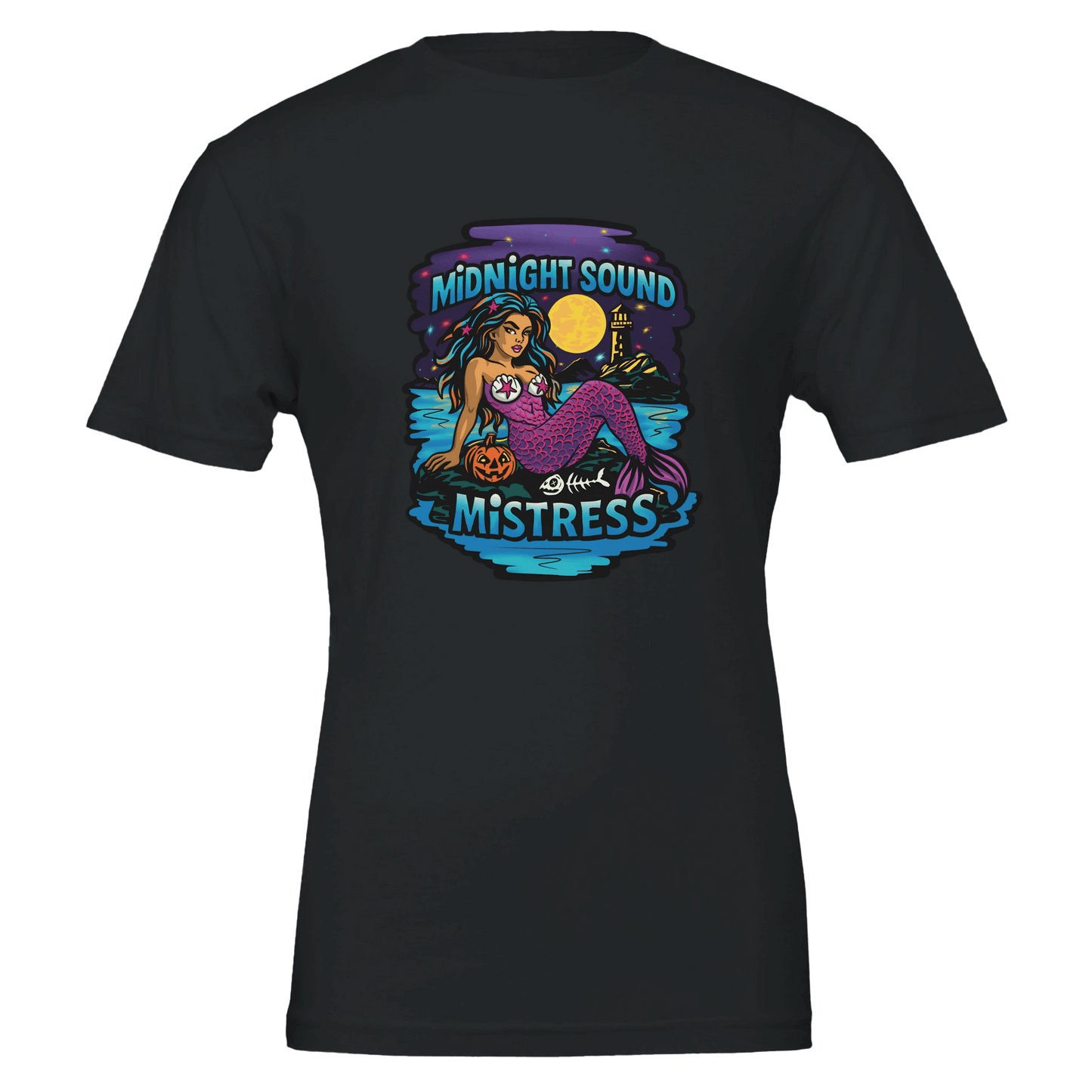 Midnight Sound Mistress Mermaid Tee – Spooky Siren & Lighthouse – Unisex Bella+Canvas 3001 - Urban Muse & Sultry Hues