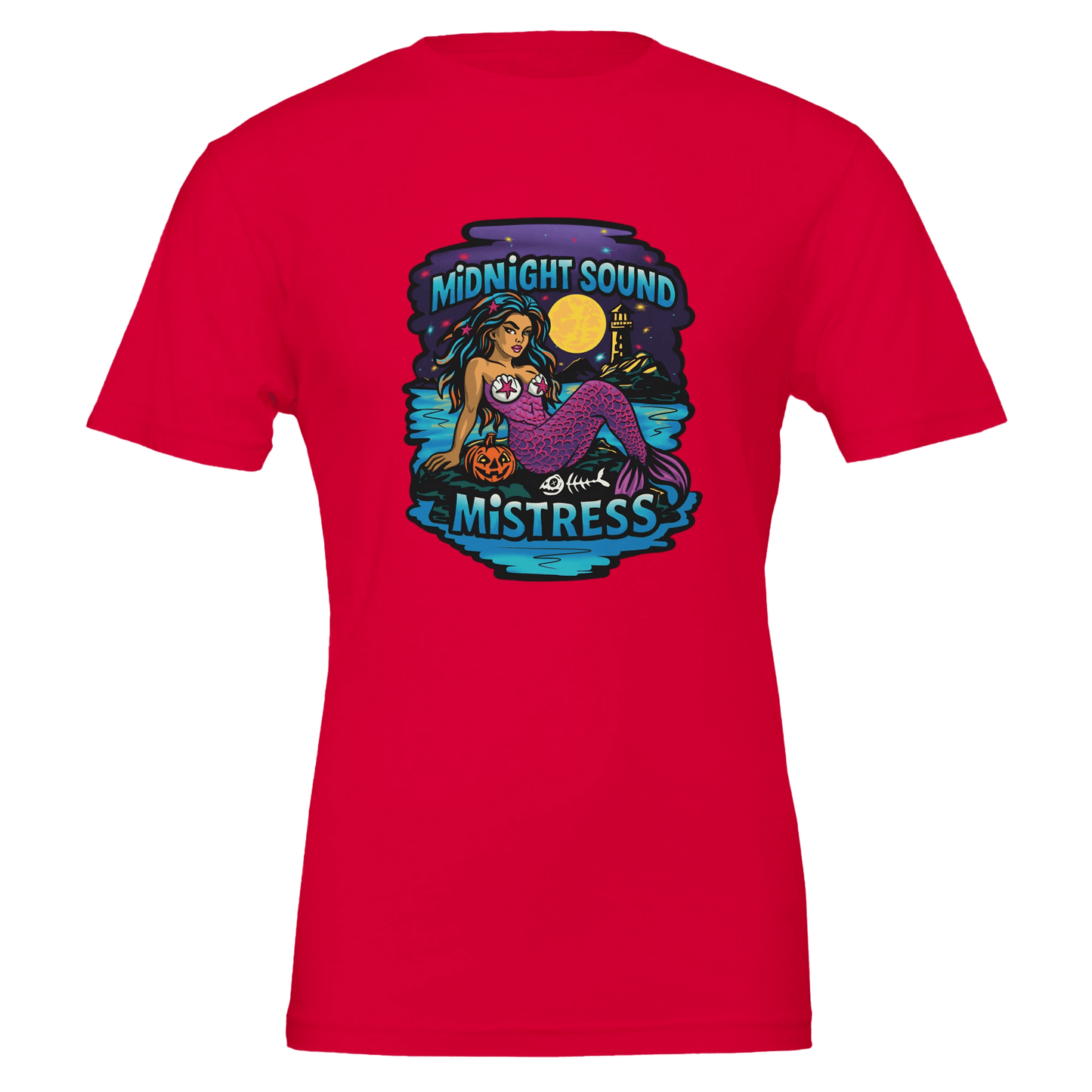 Midnight Sound Mistress Mermaid Tee – Spooky Siren & Lighthouse – Unisex Bella+Canvas 3001 - Urban Muse & Sultry Hues