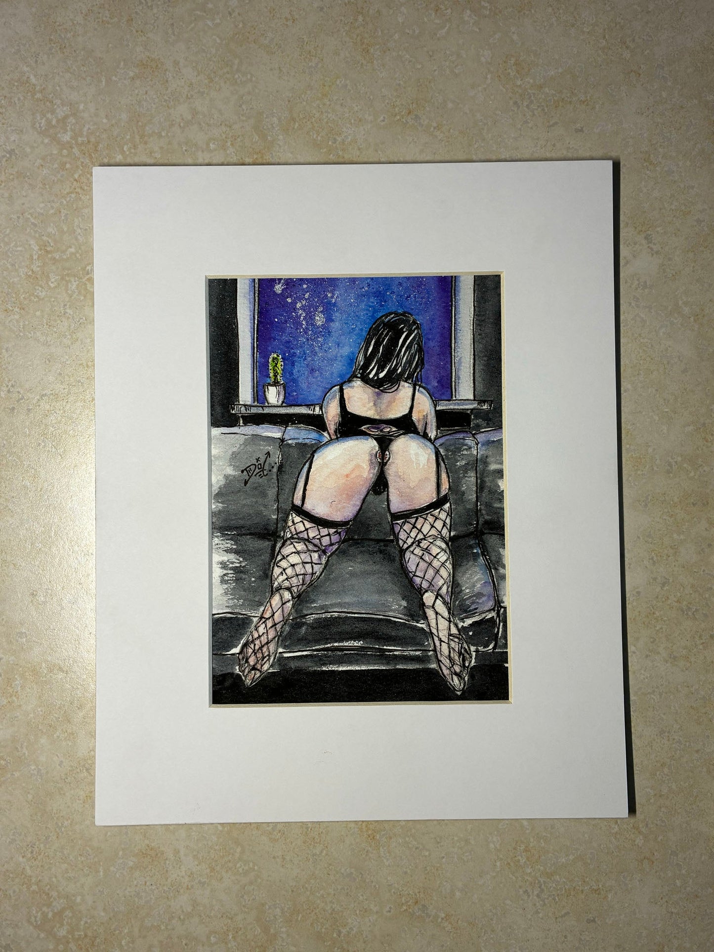 Midnight Tease: Watercolor Woman in Fishnets on Couch (5x7) - Urban Muse & Sultry Hues