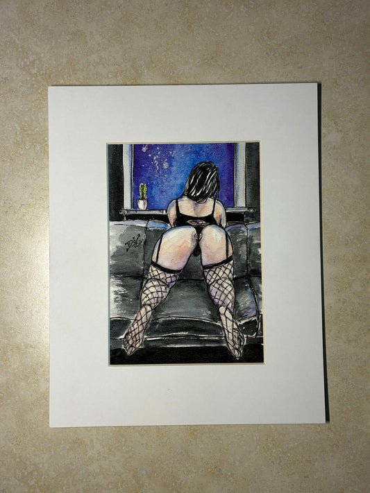 Midnight Tease: Watercolor Woman in Fishnets on Couch (5x7) - Urban Muse & Sultry Hues