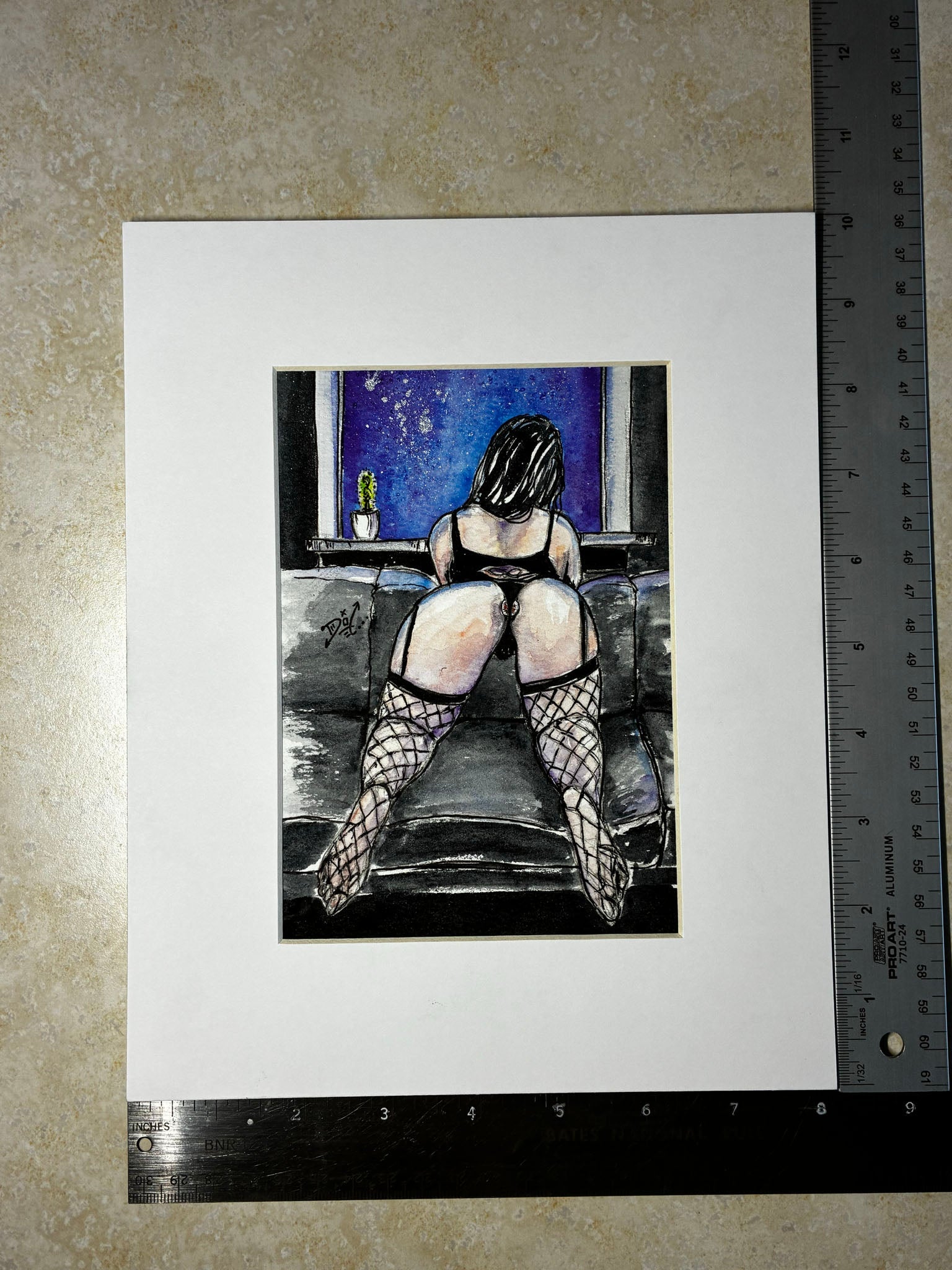Midnight Tease: Watercolor Woman in Fishnets on Couch (5x7) - Urban Muse & Sultry Hues