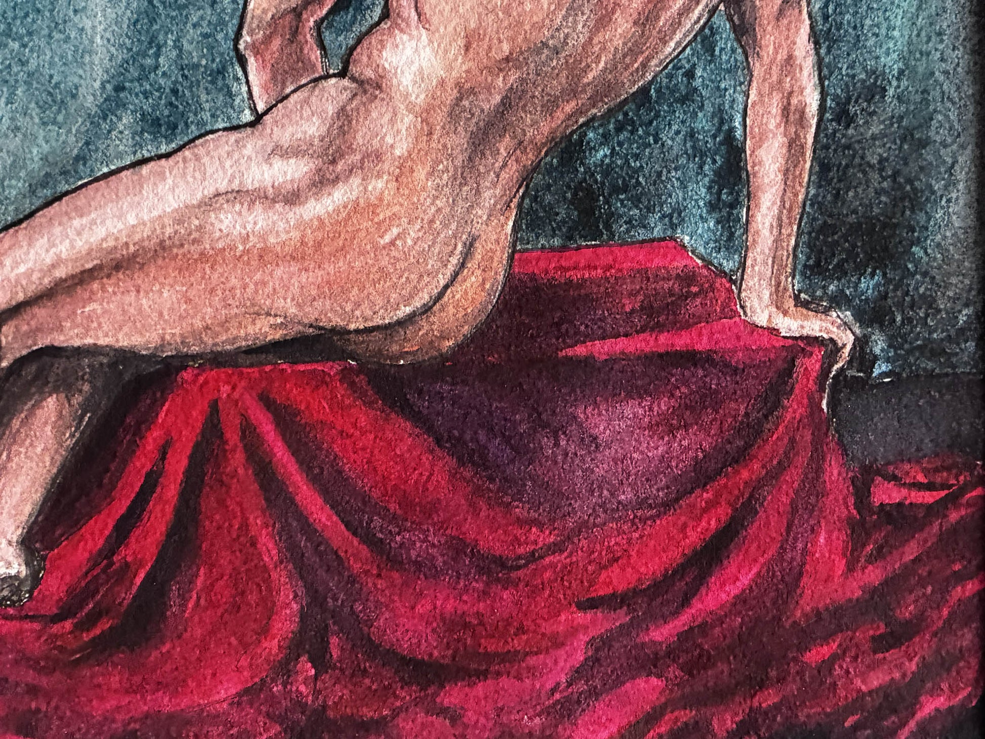 My Watercolor Homage to David's Patroclus - Sensual Male Nude - Urban Muse & Sultry Hues