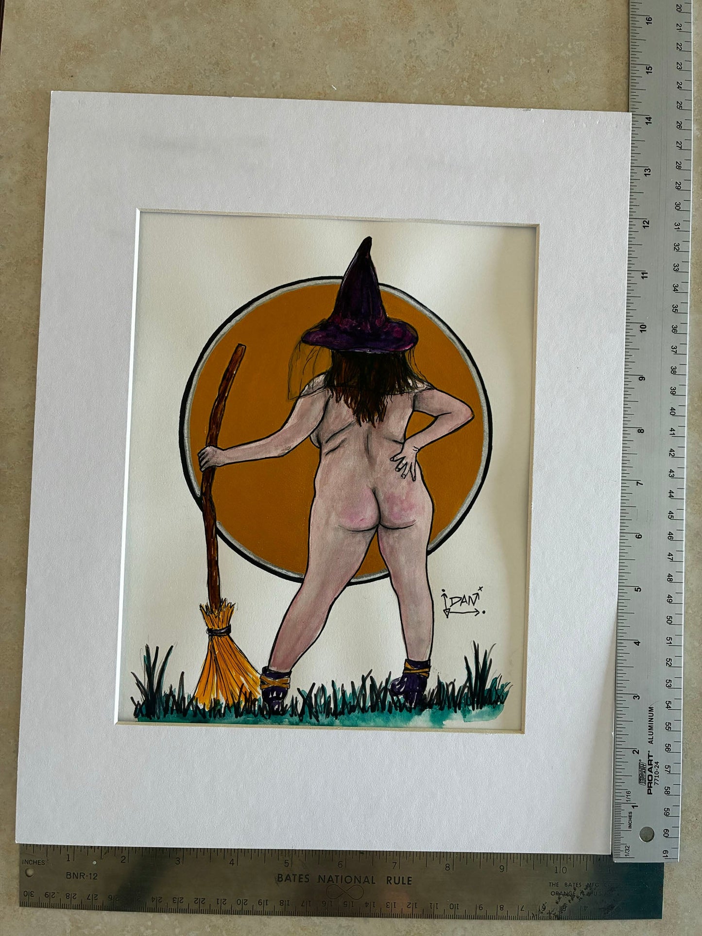 Naked Witch Moon: Playful Watercolor Nude with Broom & Gold Moon (8x10) - Urban Muse & Sultry Hues
