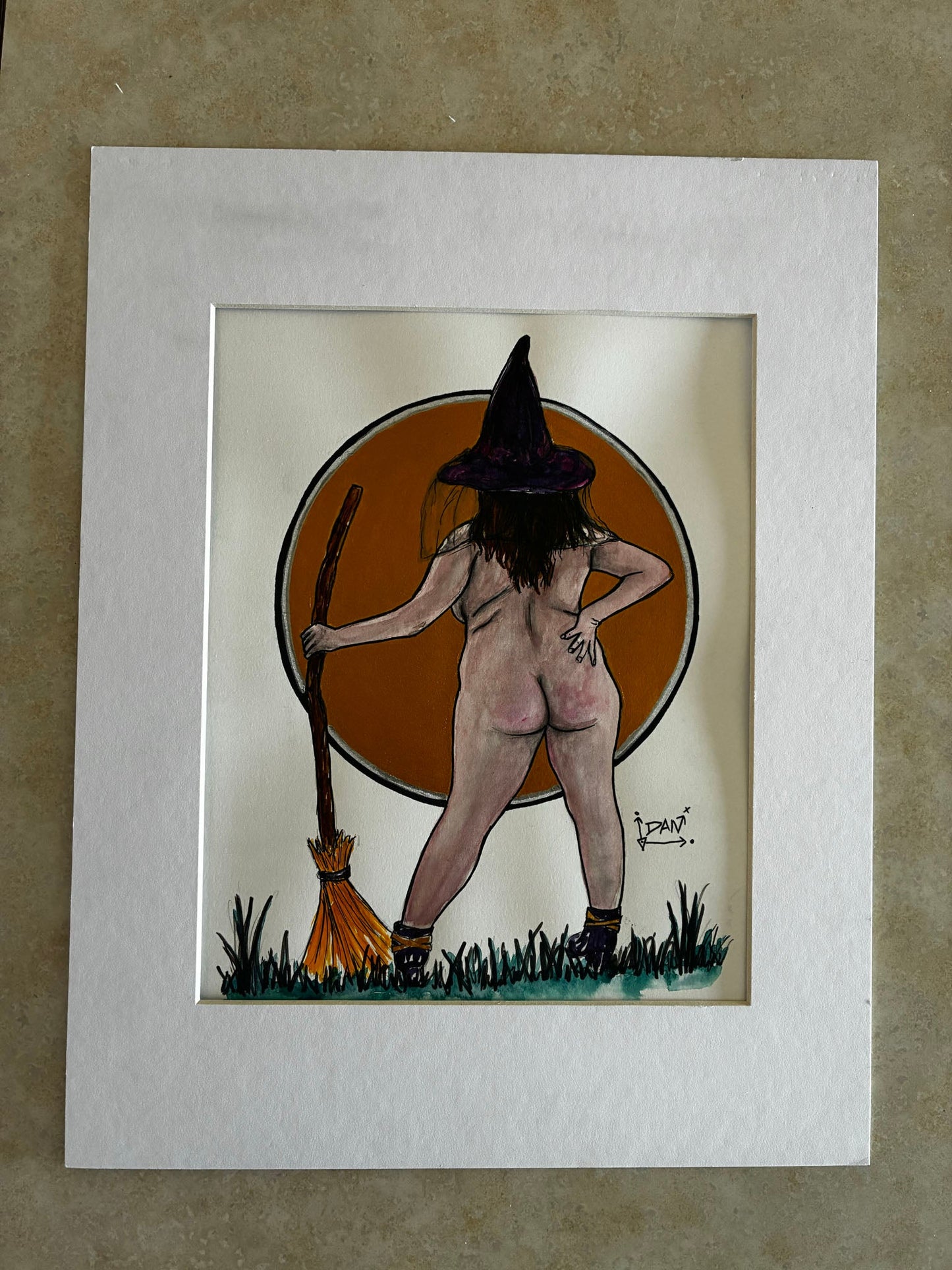 Naked Witch Moon: Playful Watercolor Nude with Broom & Gold Moon (8x10) - Urban Muse & Sultry Hues