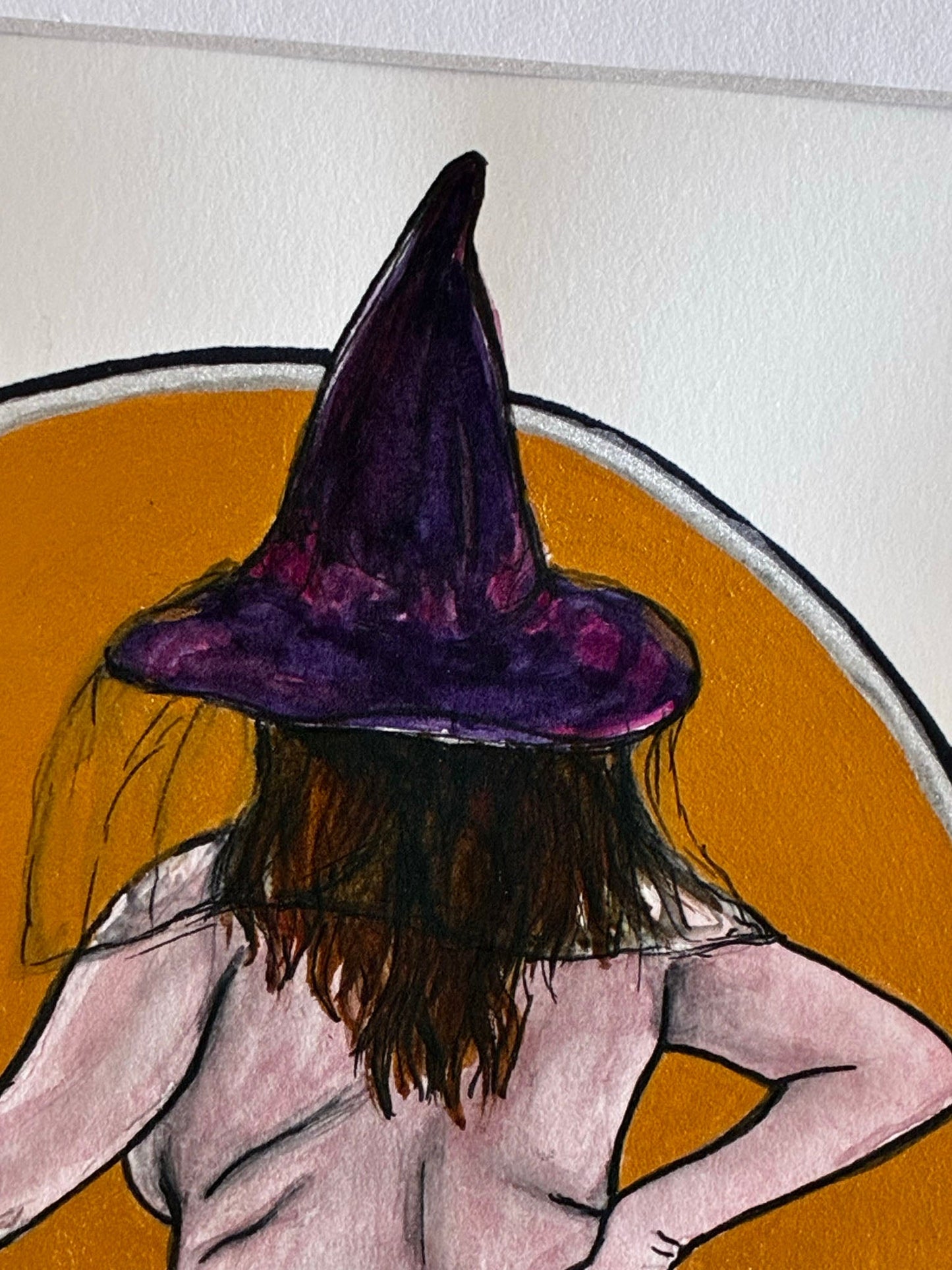 Naked Witch Moon: Playful Watercolor Nude with Broom & Gold Moon (8x10) - Urban Muse & Sultry Hues