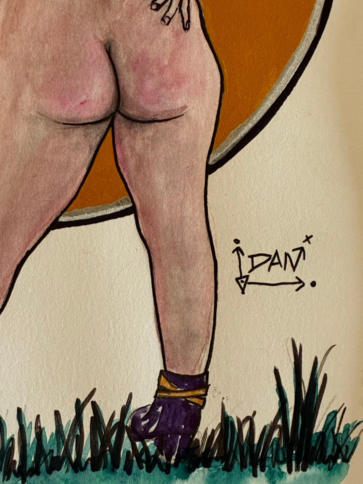 Naked Witch Moon: Playful Watercolor Nude with Broom & Gold Moon (8x10) - Urban Muse & Sultry Hues