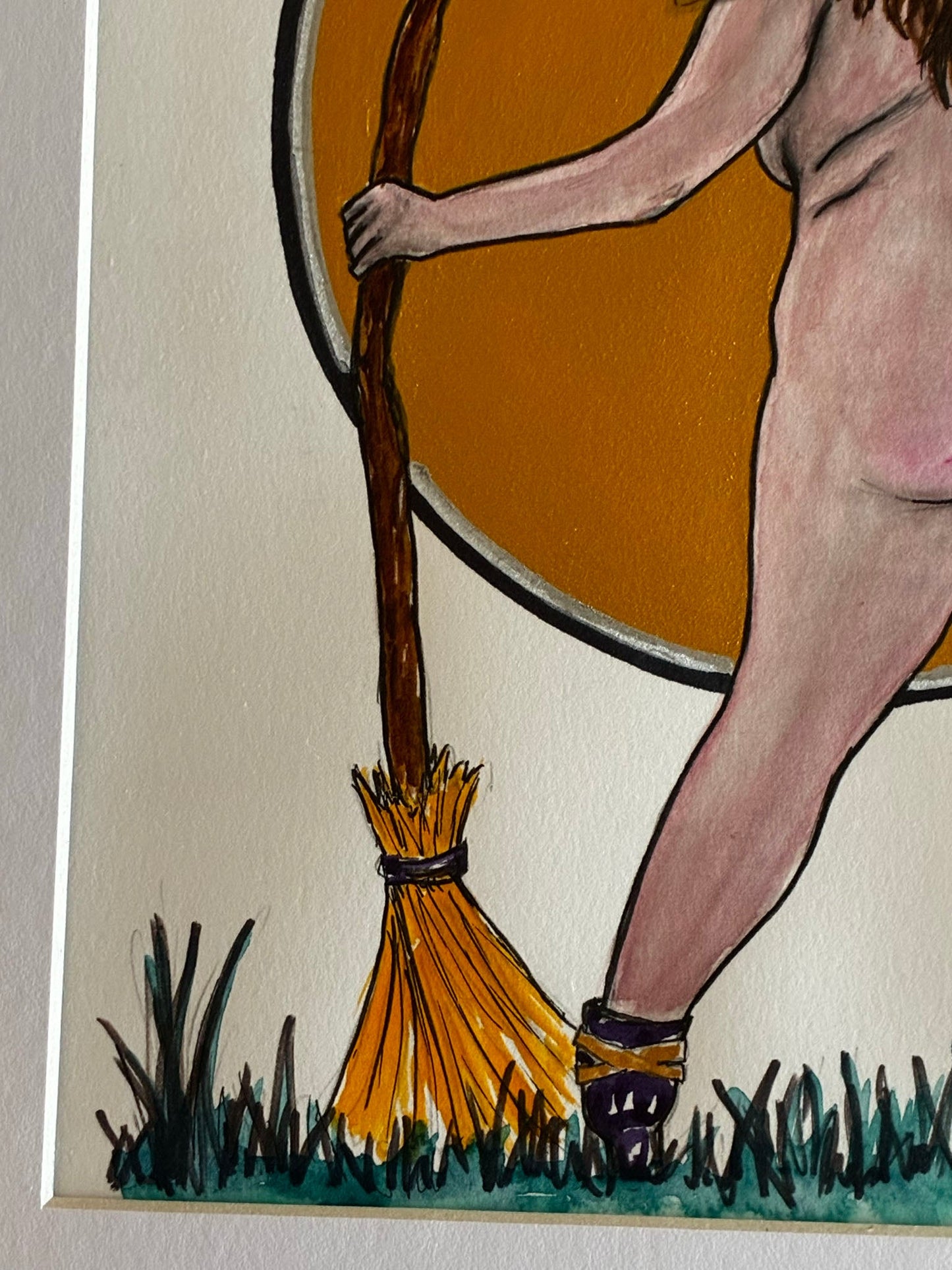 Naked Witch Moon: Playful Watercolor Nude with Broom & Gold Moon (8x10) - Urban Muse & Sultry Hues