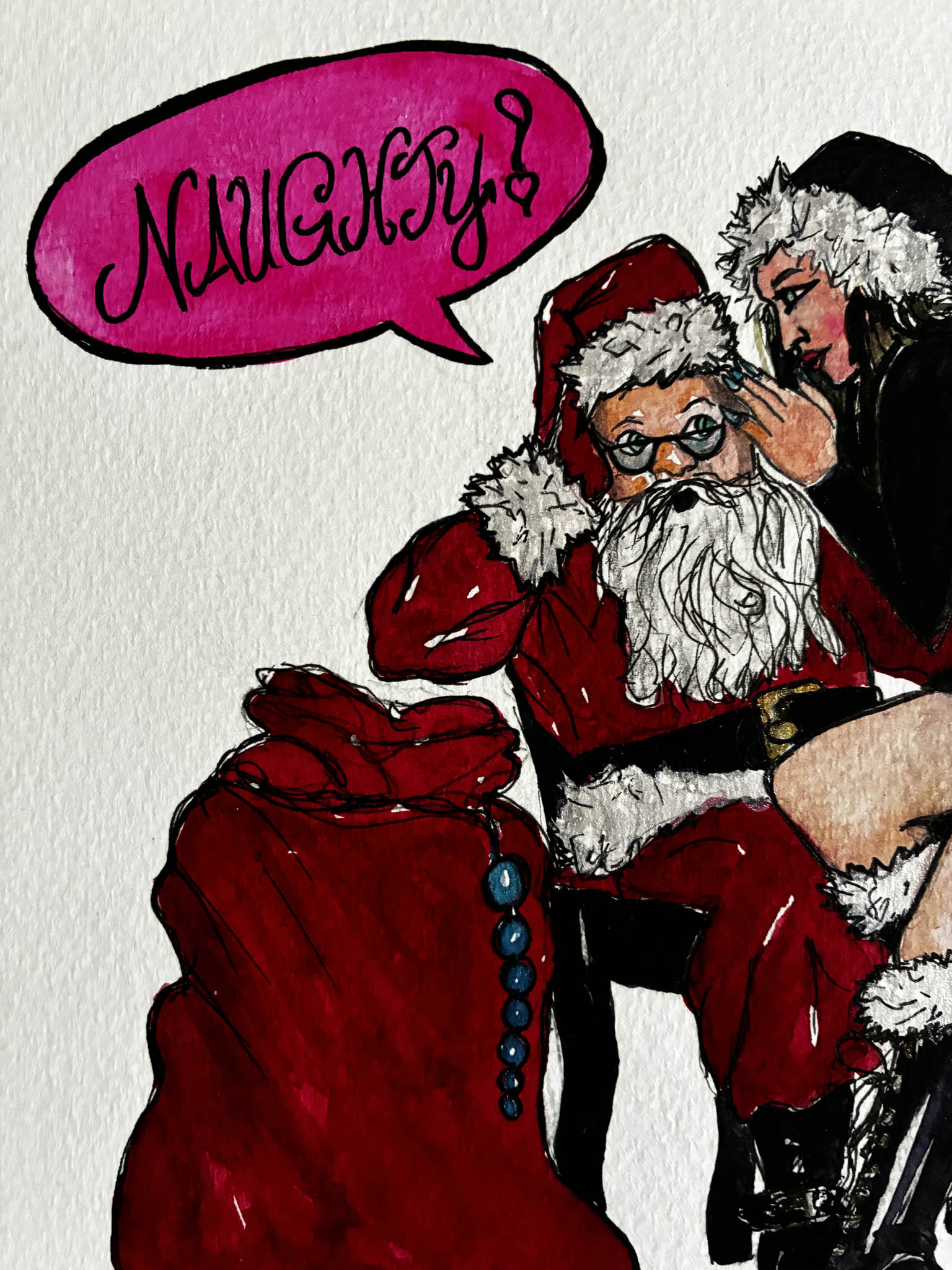 Naughty Santa & Goth Mrs. Claus Watercolor – Spicy Christmas Art - Urban Muse & Sultry Hues