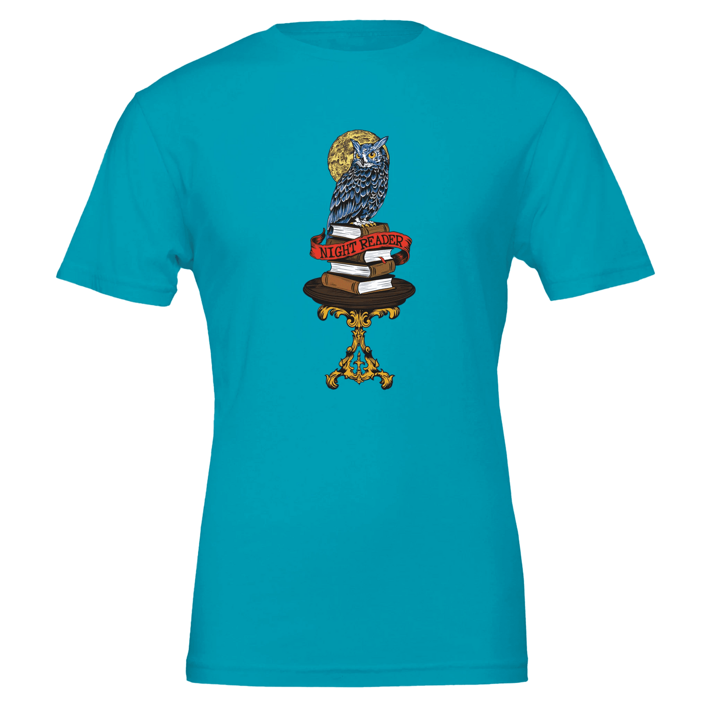 Night Reader Blue Owl Tee – Mystical Books & Moon – Unisex Bella+Canvas 3001 - Urban Muse & Sultry Hues