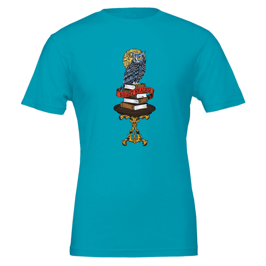 Night Reader Blue Owl Tee – Mystical Books & Moon – Unisex Bella+Canvas 3001 - Urban Muse & Sultry Hues