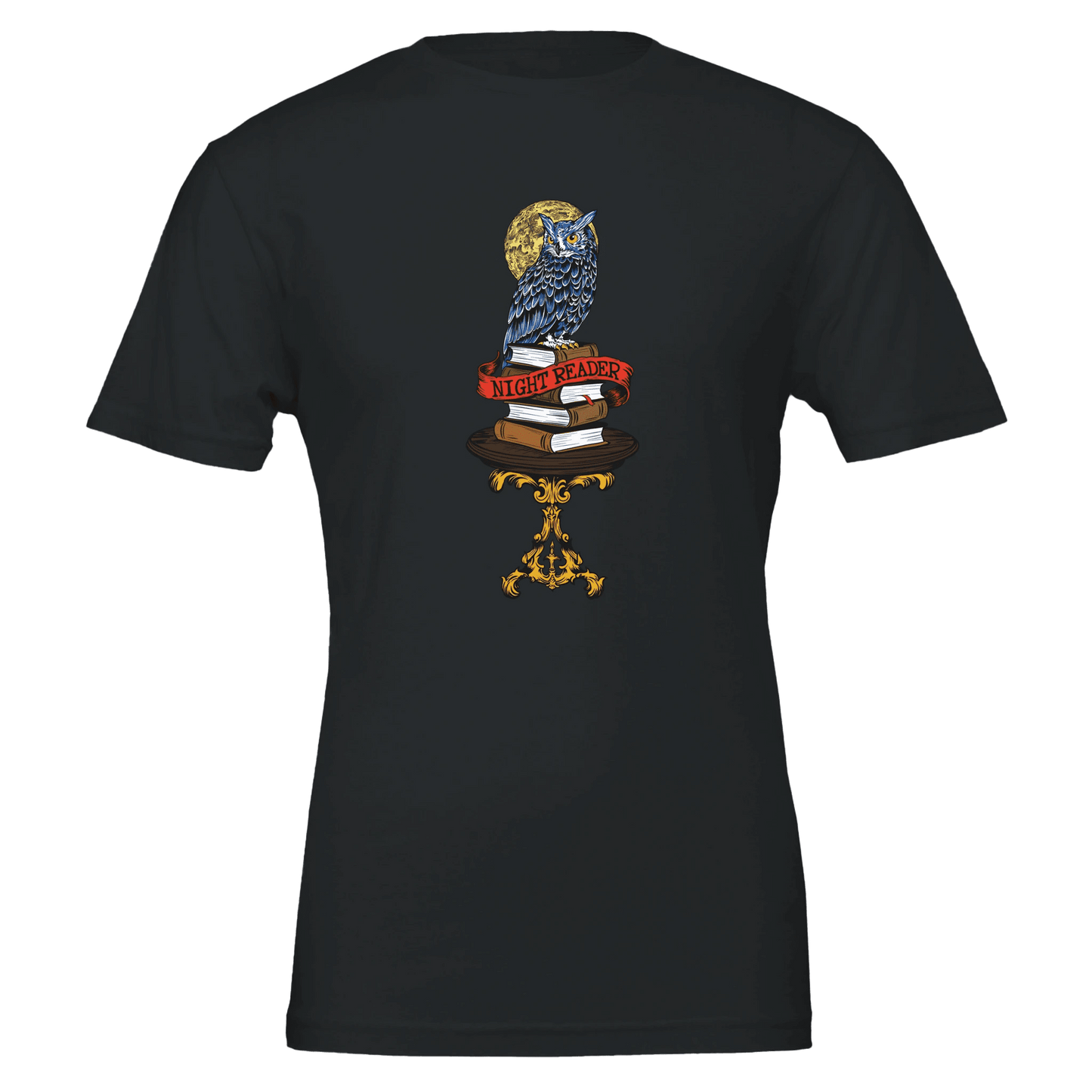 Night Reader Blue Owl Tee – Mystical Books & Moon – Unisex Bella+Canvas 3001 - Urban Muse & Sultry Hues